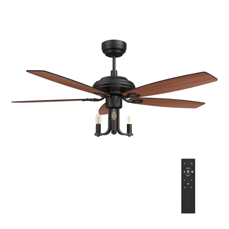 Carro HUNTLEY 52 inch 5-Blade Vintage Candelabra Ceiling Fan with Light & Remote Control - Black/Brown Wood & Rosewood (Reversible Blades)