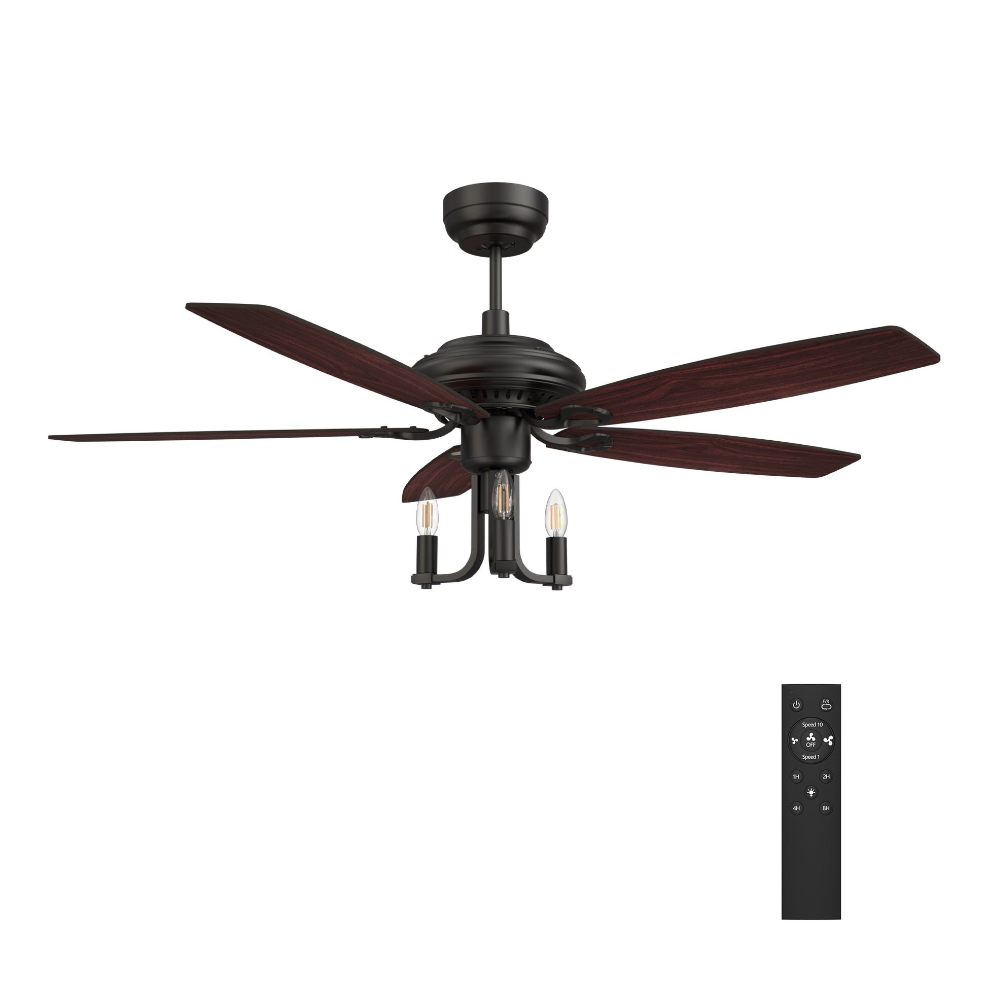 Carro HUNTLEY 52 inch 5-Blade Vintage Candelabra Ceiling Fan with Light & Remote Control - Black/Brown Wood & Rosewood (Reversible Blades)