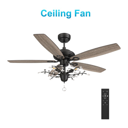 Carro HUNTLEY 52 inch 5-Blade Crystal Ball Pendant Ceiling Fan with Light & Remote Control - Black/Light Wood & Walnut (Reversible Blades)