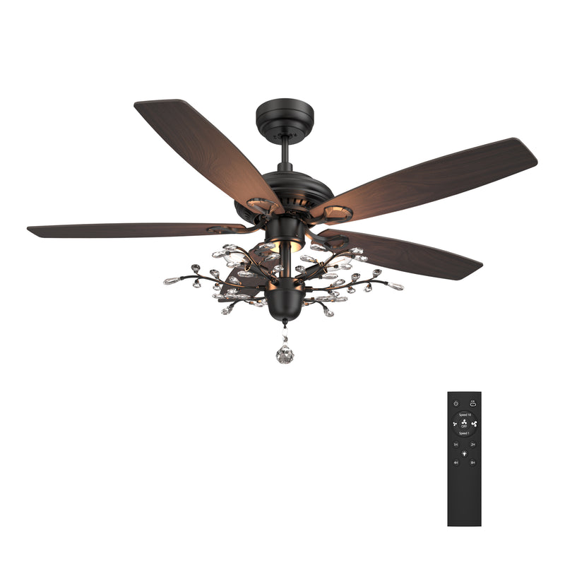 Carro HUNTLEY 52 inch 5-Blade Crystal Ball Pendant Ceiling Fan with Light & Remote Control - Black/Light Wood & Walnut (Reversible Blades)