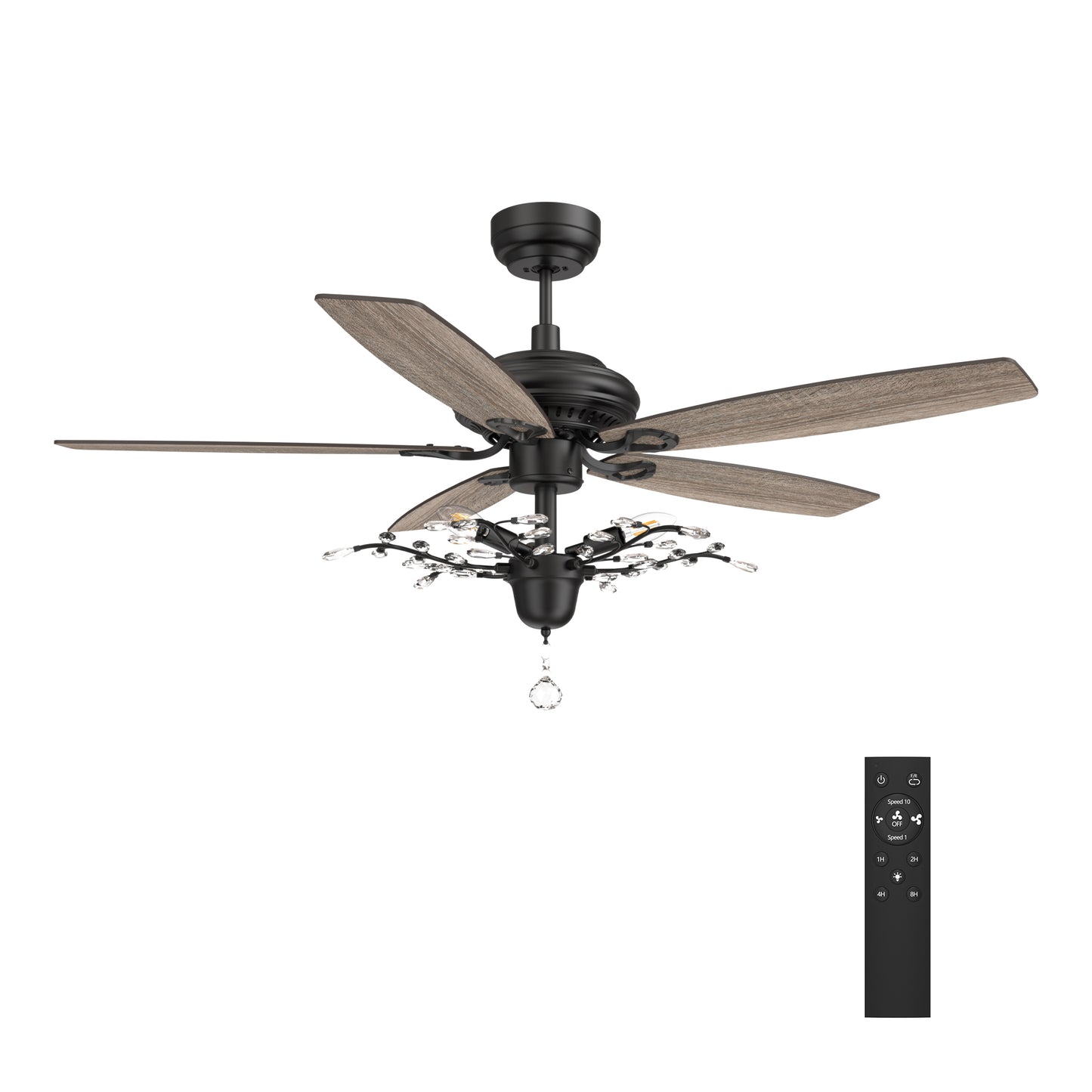 Carro HUNTLEY 52 inch 5-Blade Crystal Ball Pendant Ceiling Fan with Light & Remote Control - Black/Light Wood & Walnut (Reversible Blades)