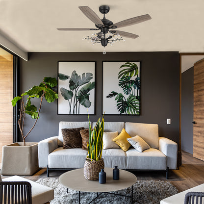 Carro HUNTLEY 52 inch 5-Blade Crystal Ball Pendant Ceiling Fan with Light & Remote Control - Black/Light Wood & Walnut (Reversible Blades)