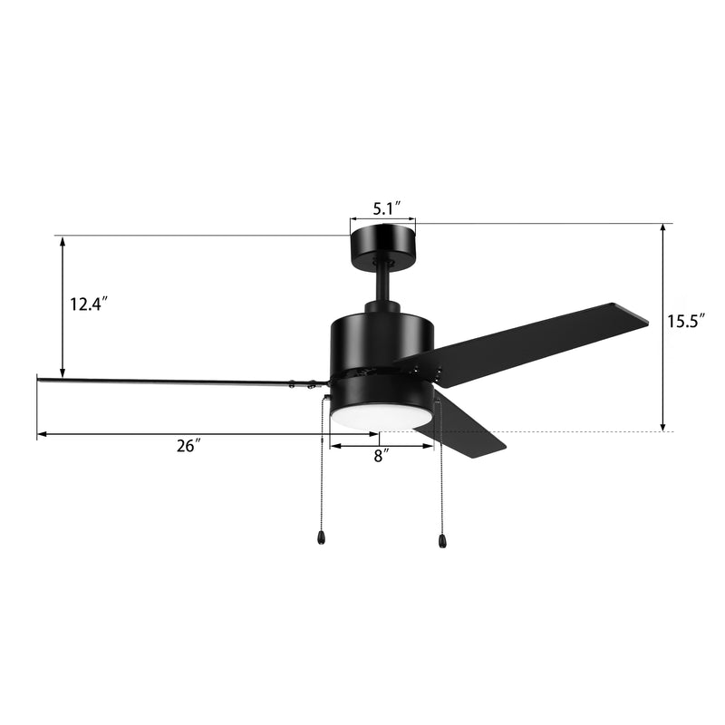 Carro USA EMPIRE 52 inch 3-Blade Ceiling Fan with Pull Chain - Black/Black & Cherrywood (Reversible Blades)