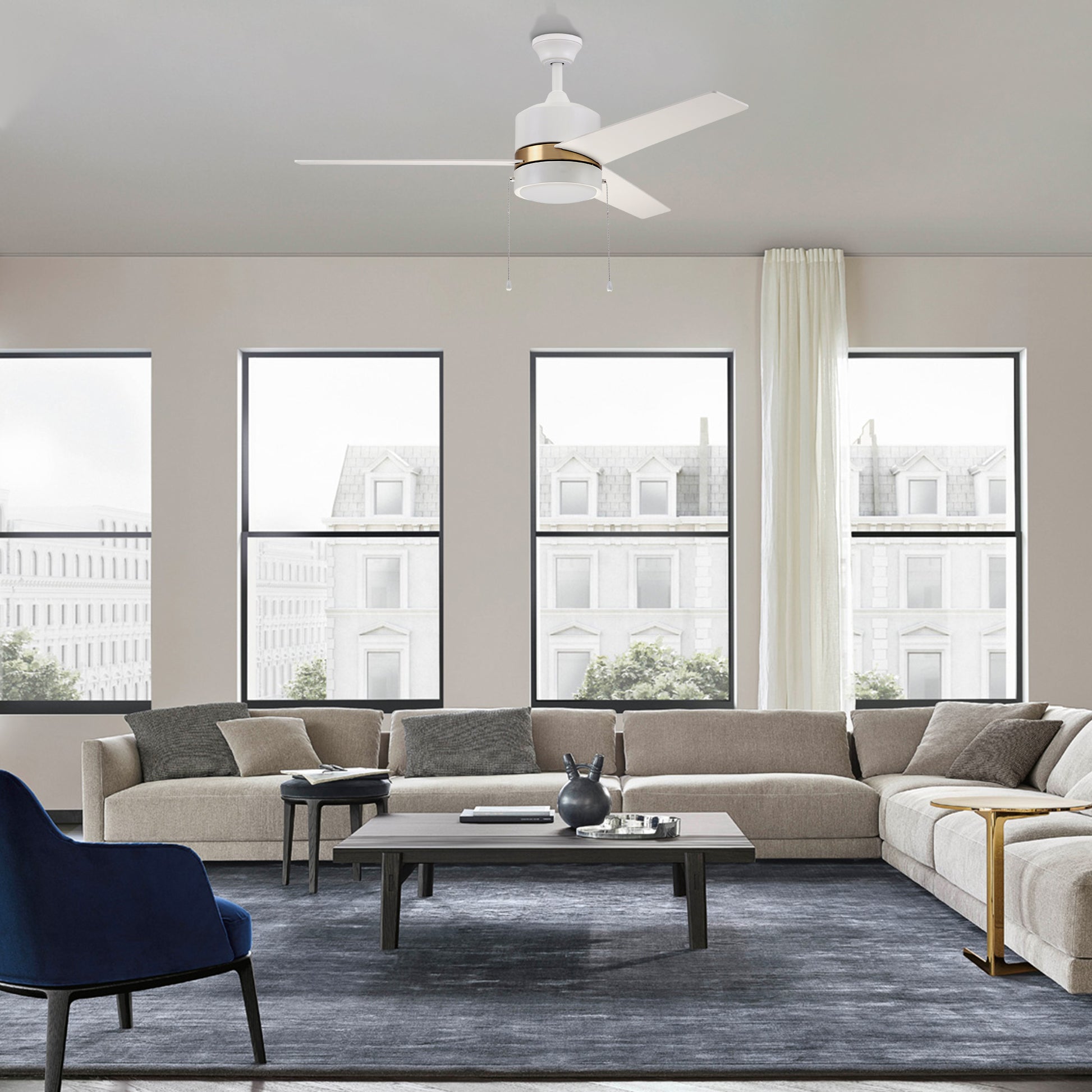 Carro Home FLINT 52 inch 3-Blade Ceiling Fan with Pull Chain - White/White (Gold Detail)