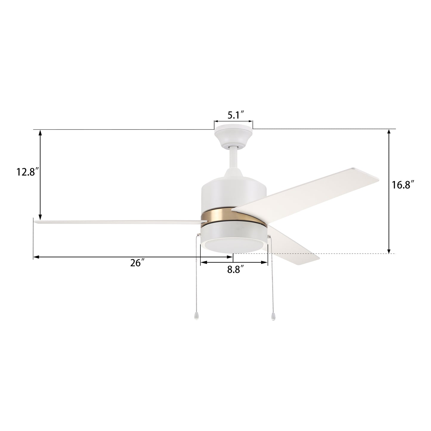 Carro Home FLINT 52 inch 3-Blade Ceiling Fan with Pull Chain - White/White (Gold Detail)