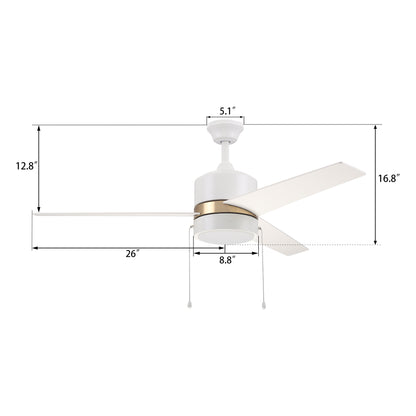Carro Home FLINT 52 inch 3-Blade Ceiling Fan with Pull Chain - White/White (Gold Detail)