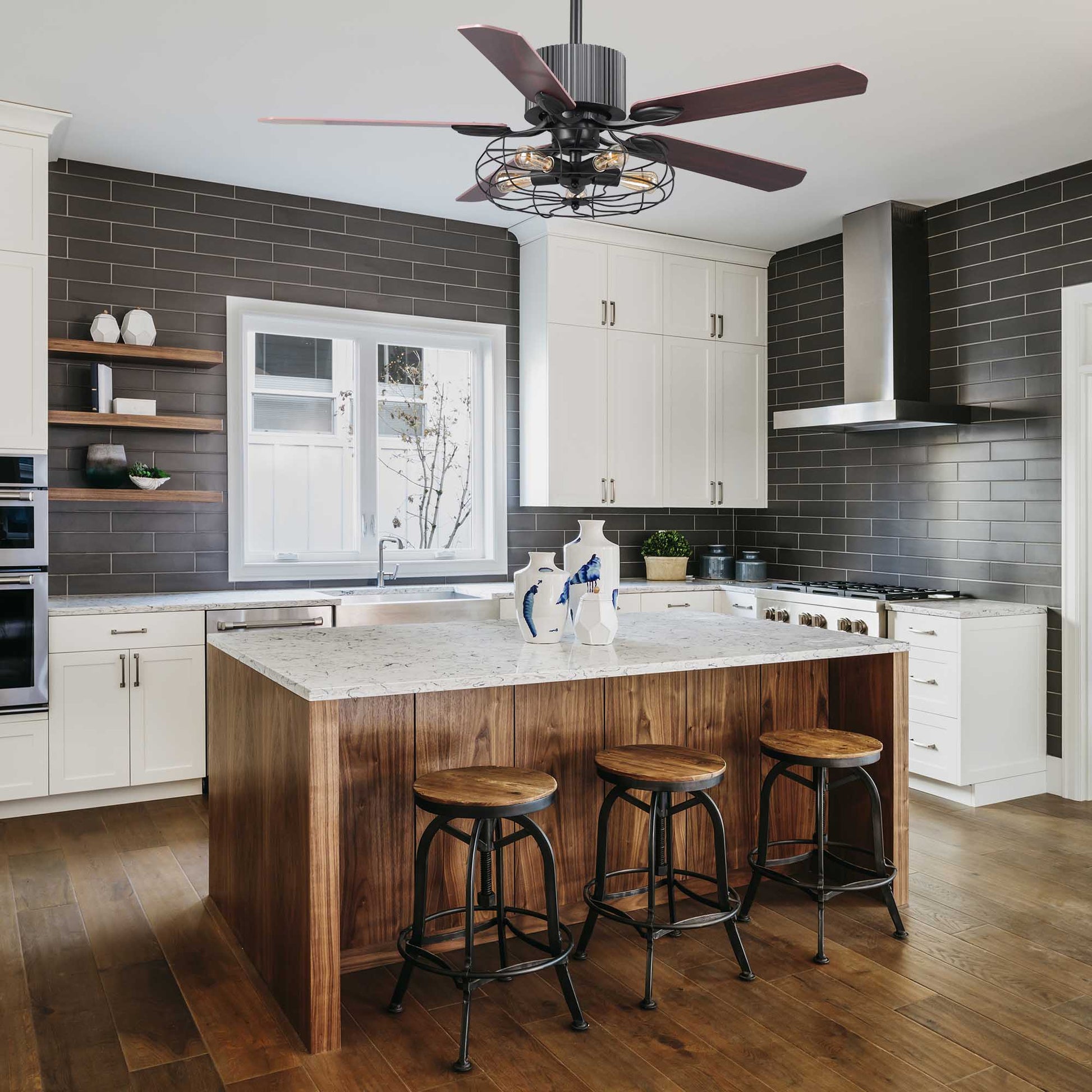 Caro Home HELSTON 52 inch 5-Blade Smart Ceiling Fan with Light & Smart Wall Switch -Walnut/Rosewood (Reversible Blades)
