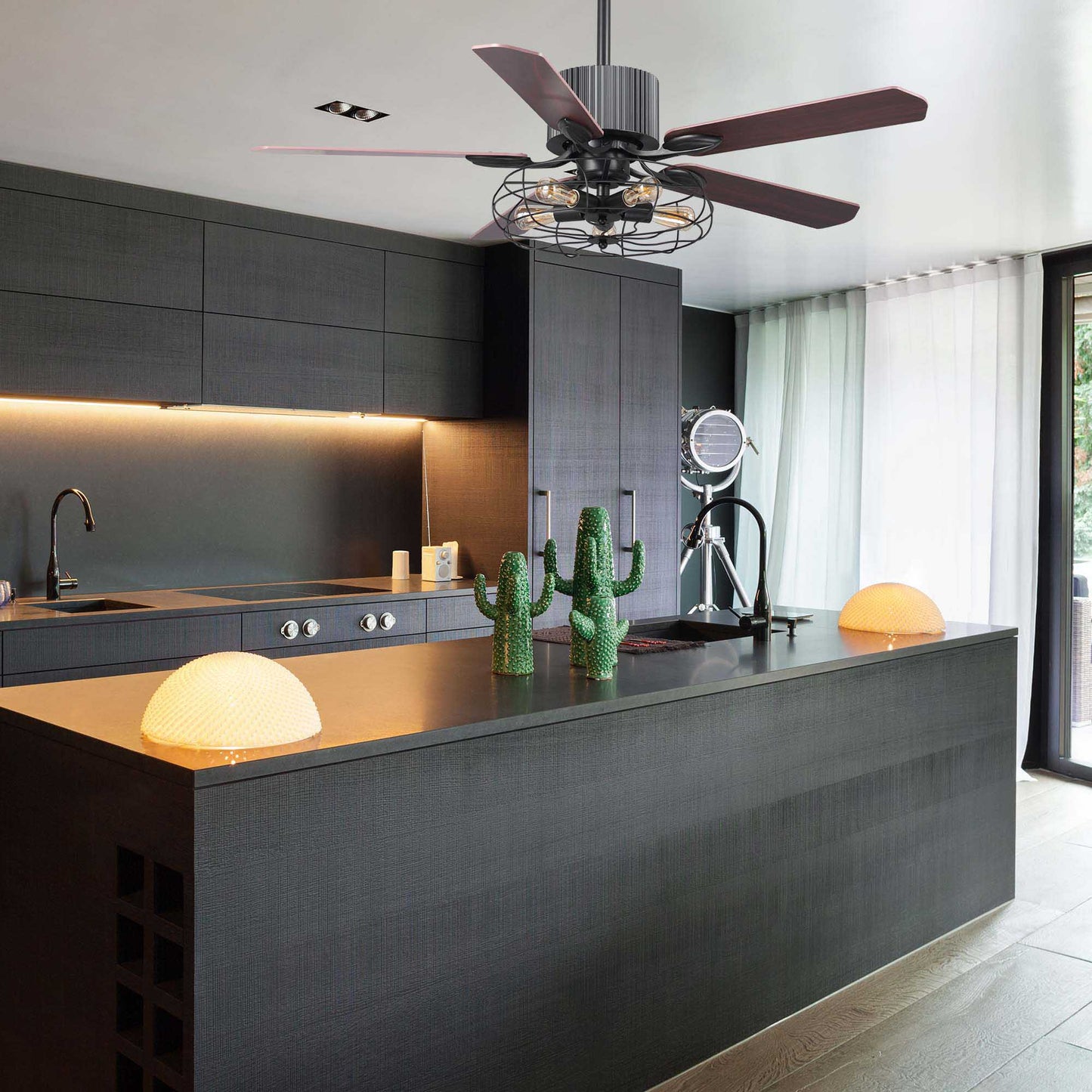 Caro Home HELSTON 52 inch 5-Blade Smart Ceiling Fan with Light & Smart Wall Switch -Walnut/Rosewood (Reversible Blades)