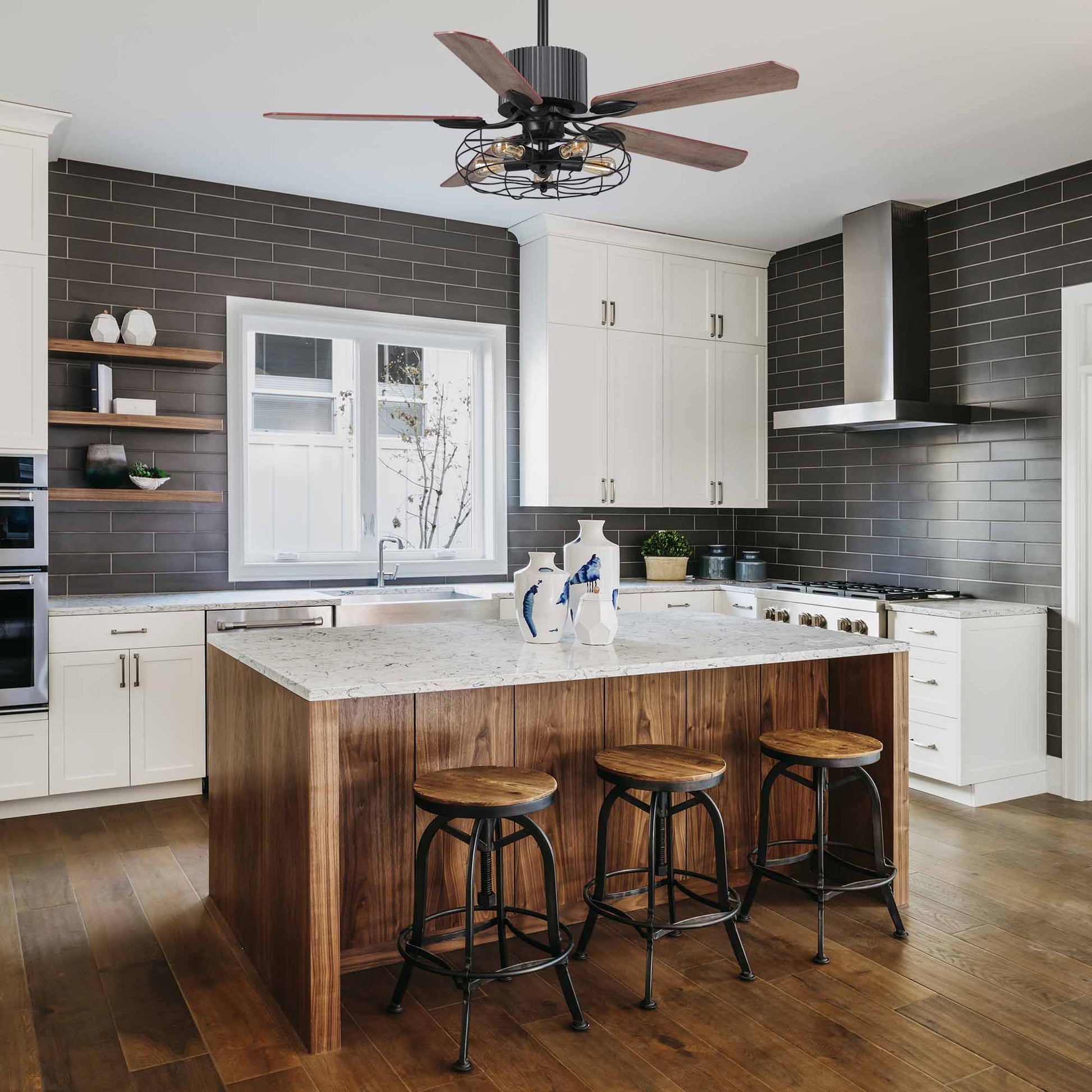 Carro Home HELSTON 52 inch 5-Blade Smart Ceiling Fan with Light & Smart Wall Switch - Black/Dark Wood & Light Wood (Reversible Blades)