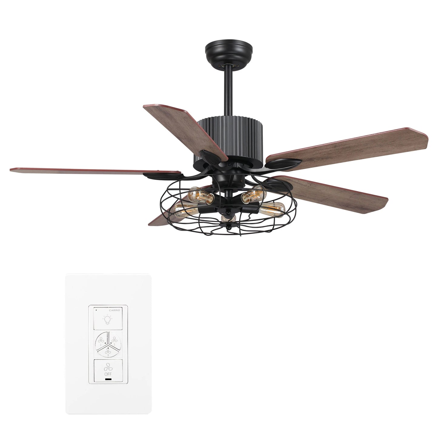 Carro Home HELSTON 52 inch 5-Blade Smart Ceiling Fan with Light & Smart Wall Switch - Black/Dark Wood & Light Wood (Reversible Blades)