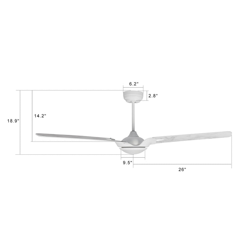 Carro USA HOFFEN 52 inch 3-Blade Smart Ceiling Fan with LED Light Kit & Remote - White/Marble Pattern fan blades