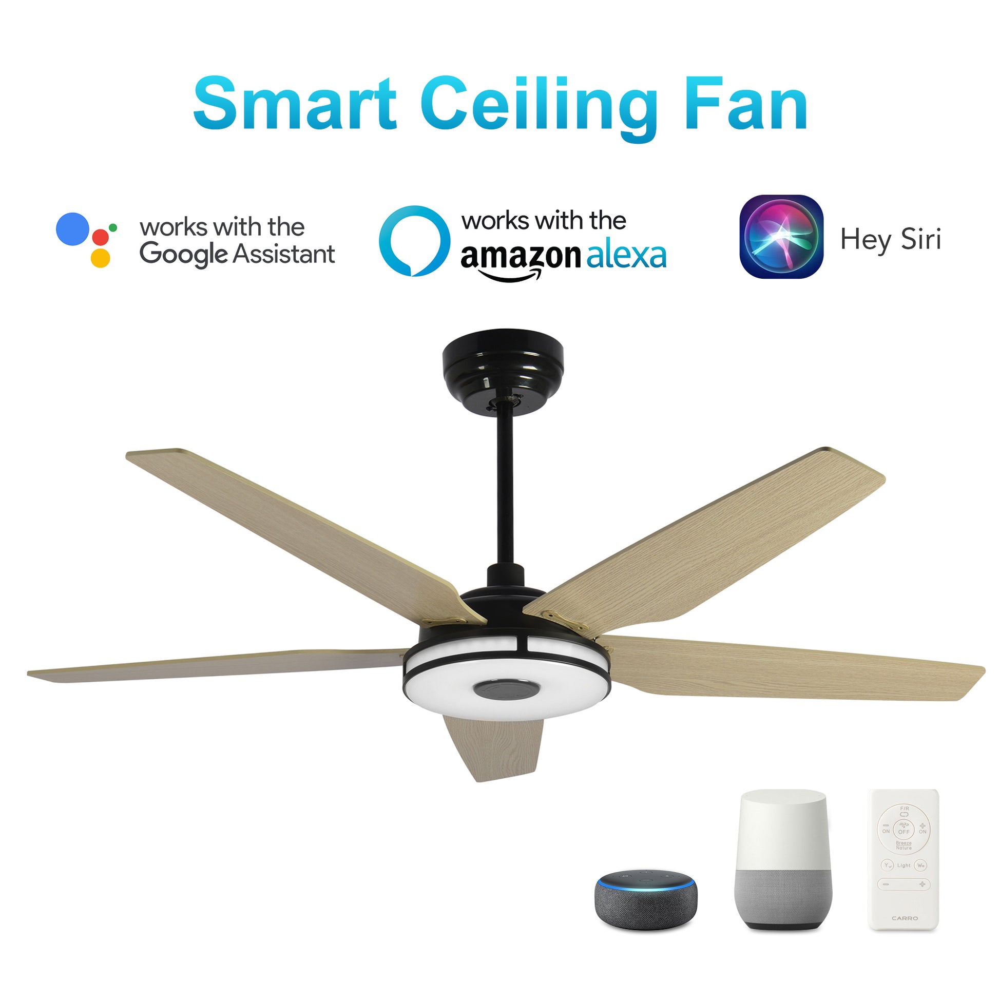 Carro ELIRA 52 inch 5-Blade Smart Ceiling Fan with LED Light Kit & Remote - Black/Light Wood Grain