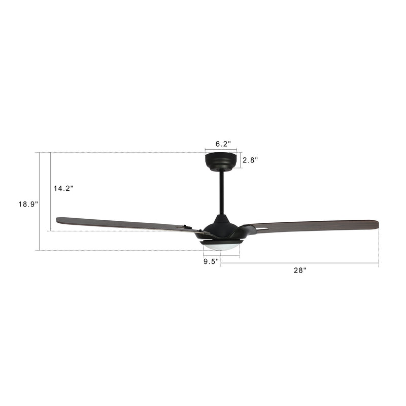 Carro Home HOFFEN 56 inch 3-Blade Smart Ceiling Fan with LED Light Kit & Remote - Black/Dark Wood Pattern fan blades