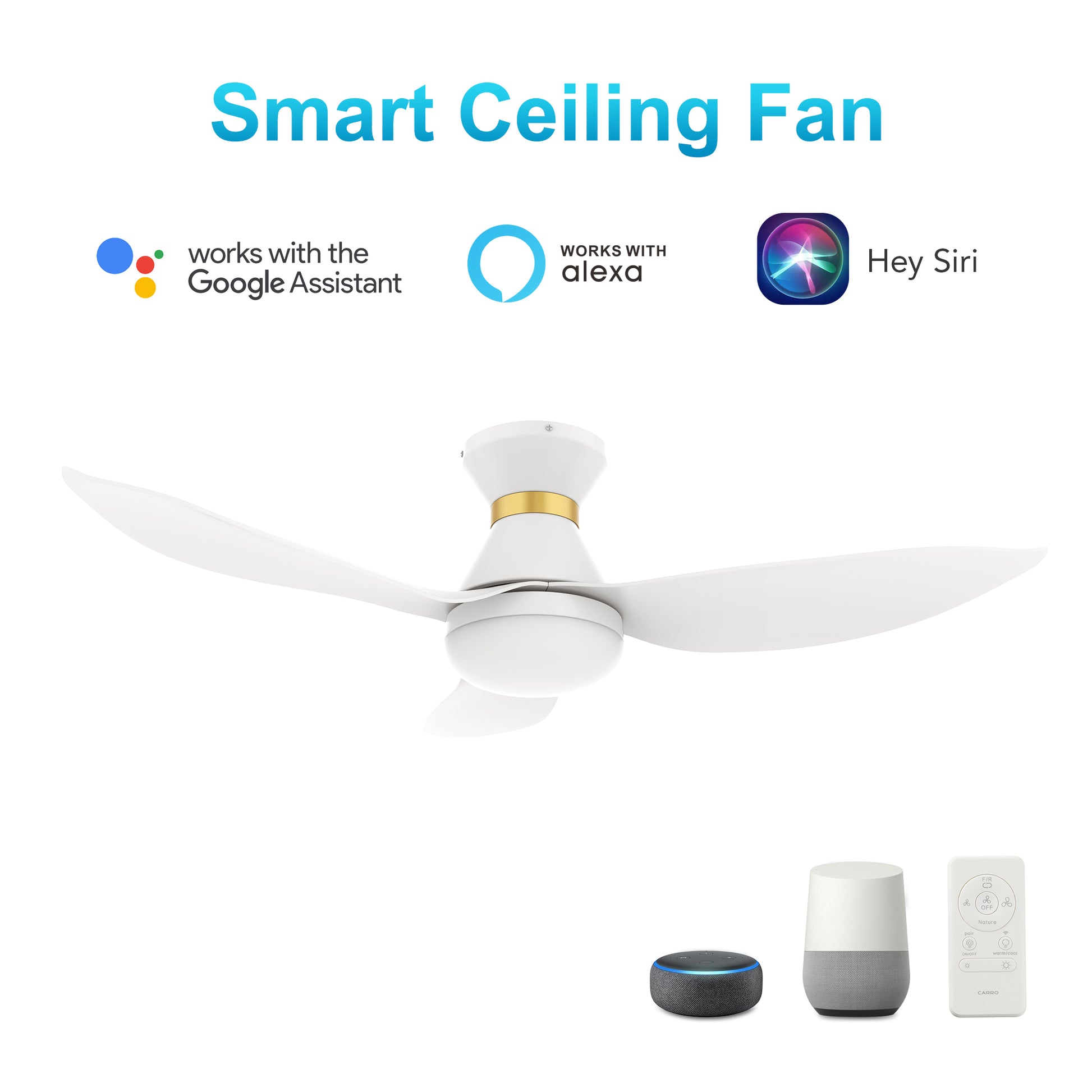 Carro RYATT 45 inch 3-Blade Flush Mount Smart Ceiling Fan with LED Light Kit & Remote- White/White (Gold Detail)