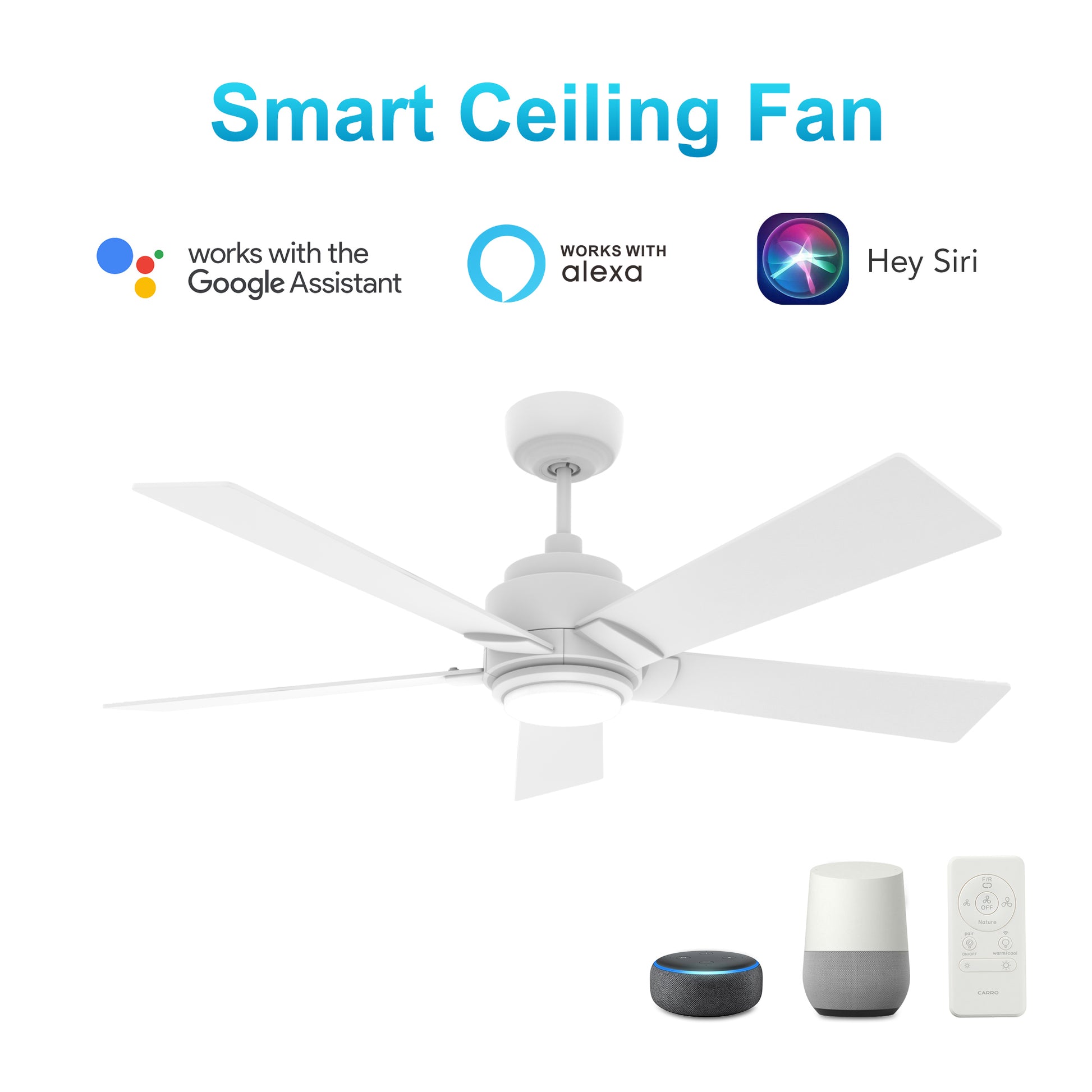 Carro ASCENDER 48 inch 5-Blade Smart Ceiling Fan with LED Light & Remote Control - White/White