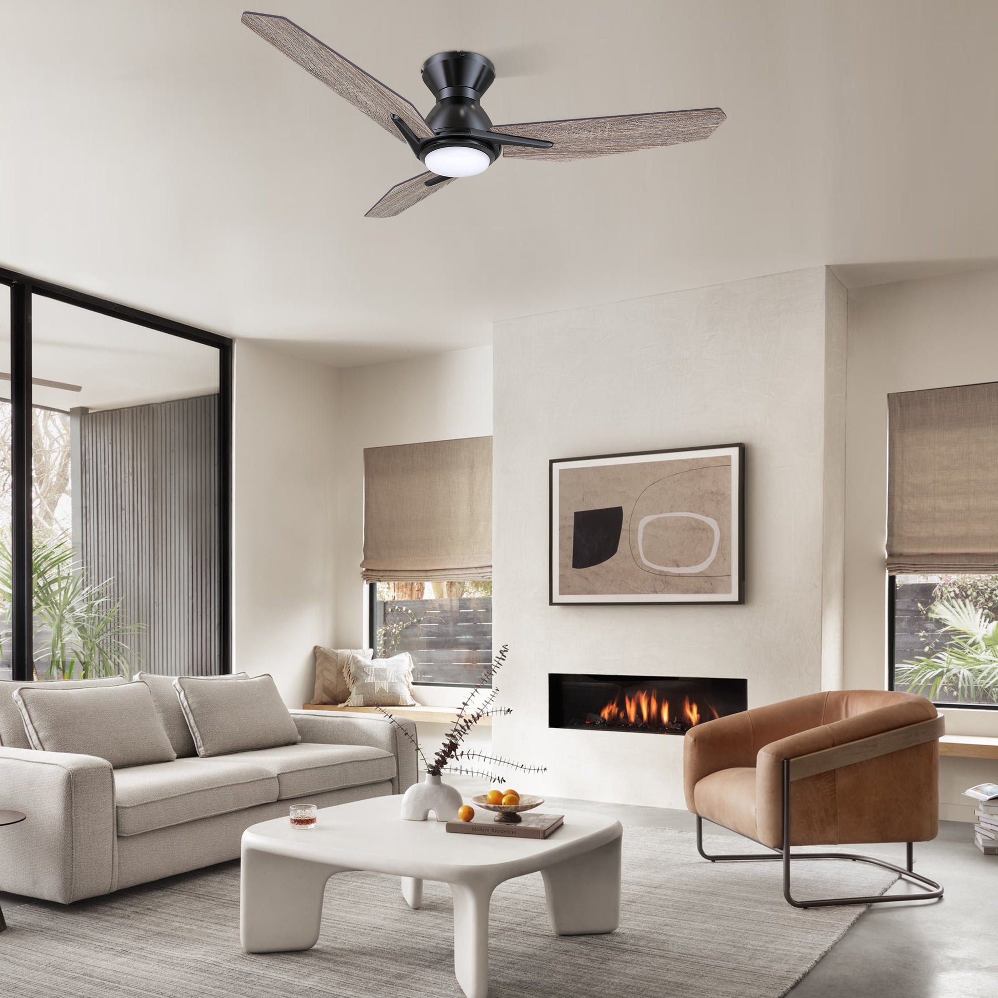 Carro CALEN 52 inch 3-Blade Flush Mount Smart Ceiling Fan with LED Light Kit & Remote Control- Black/Barnwood