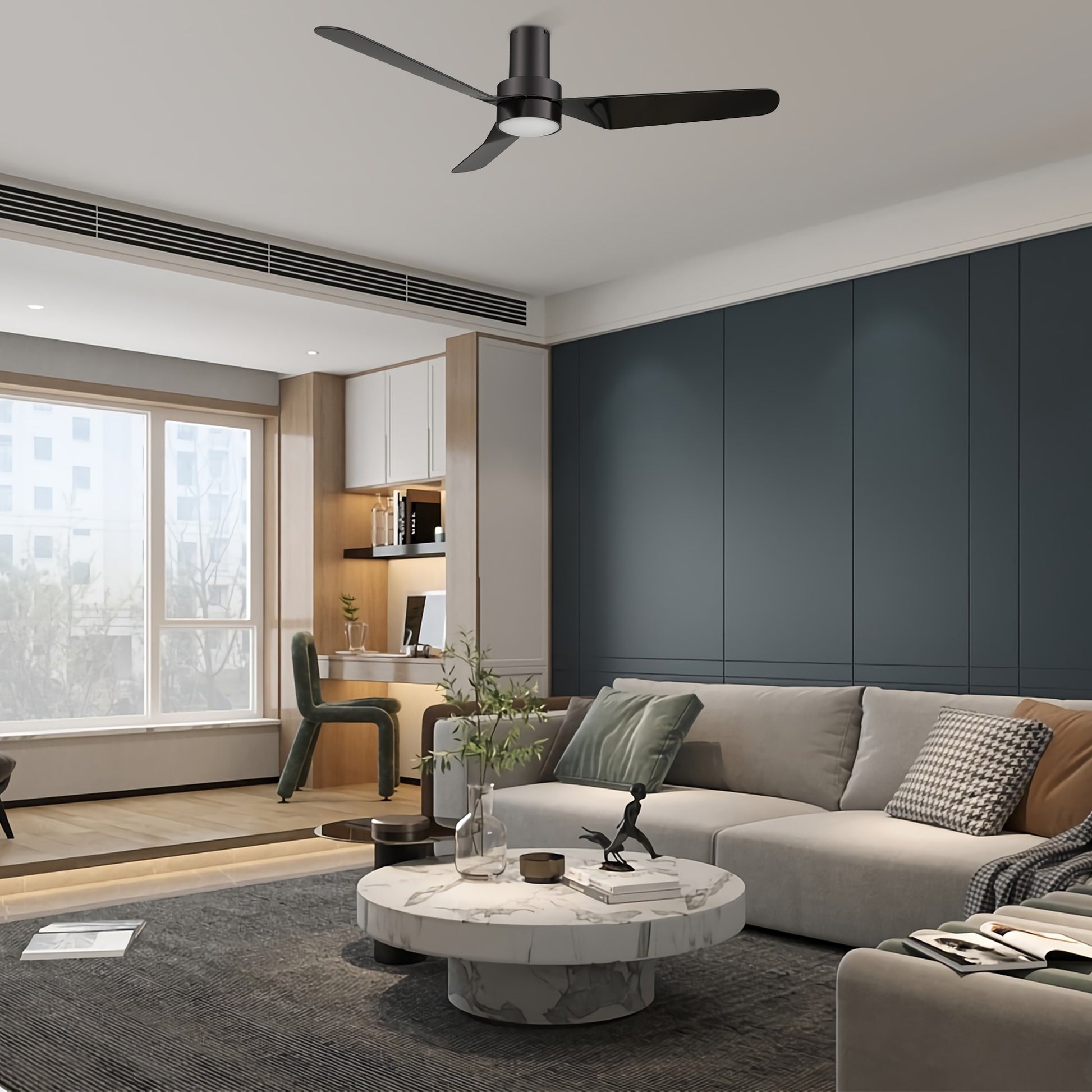 Carro MADRID 52 inch 3-Blade Flush Mount Smart Ceiling Fan with LED Light Kit & Remote- Black/Black