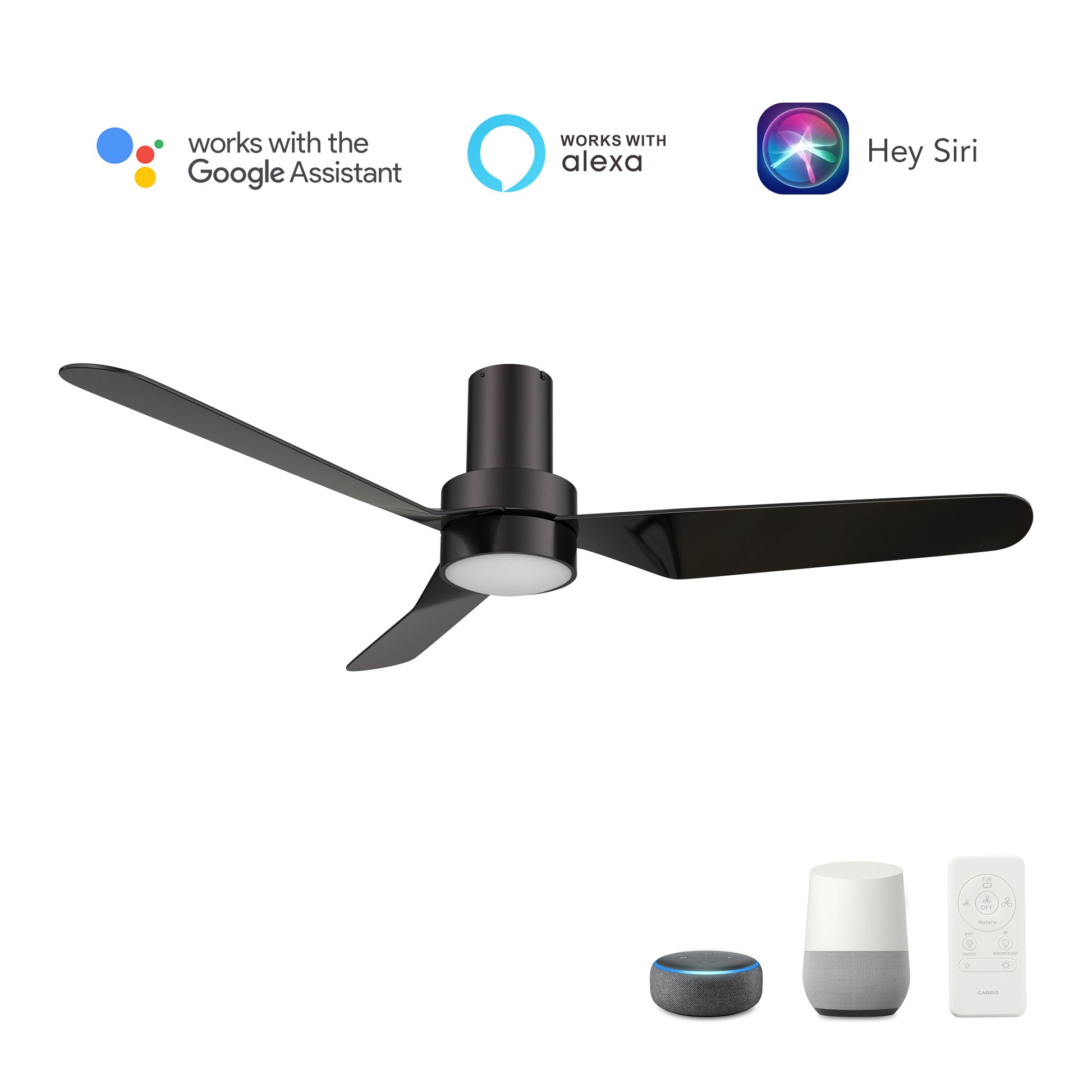 Carro MADRID 52 inch 3-Blade Flush Mount Smart Ceiling Fan with LED Light Kit & Remote- Black/Black