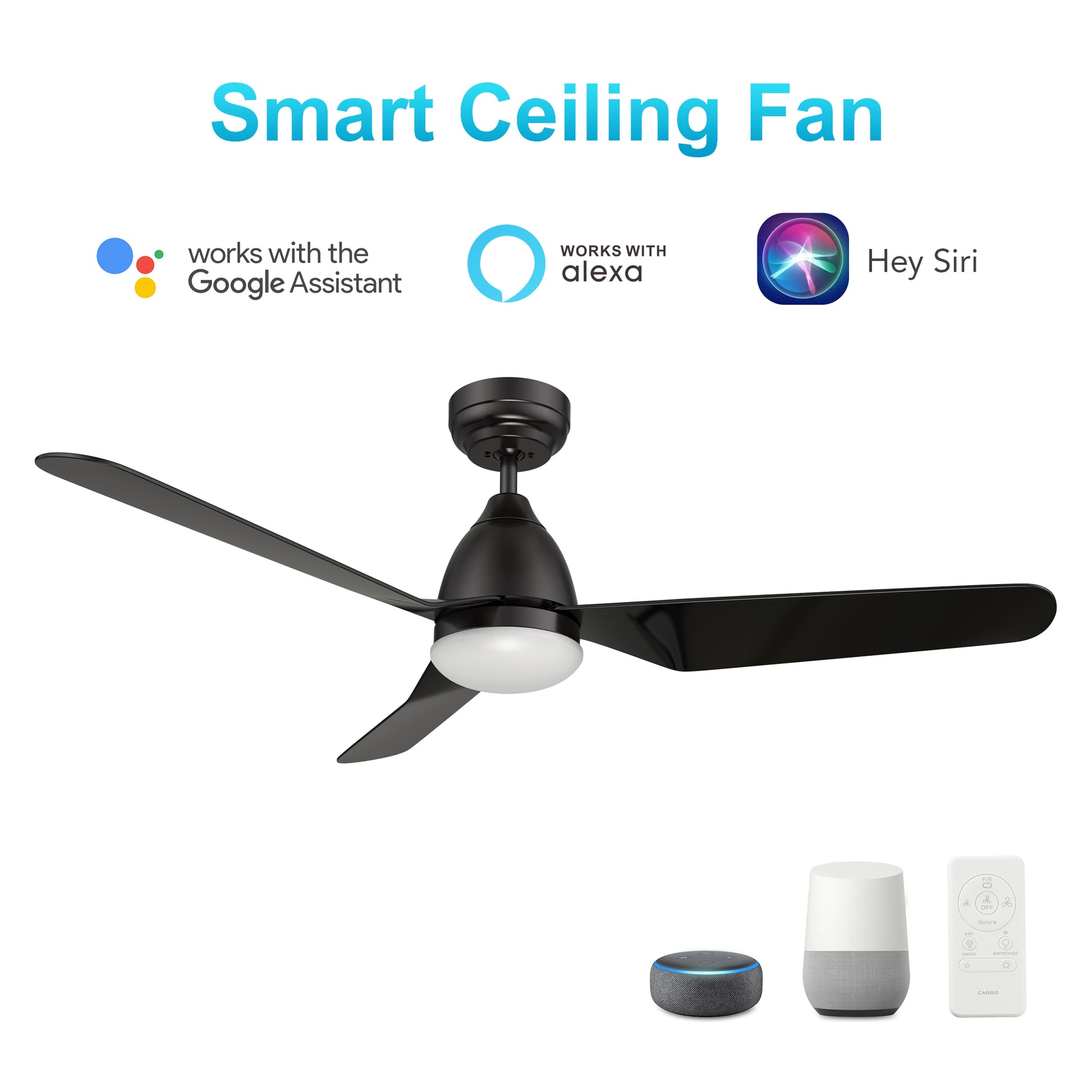 Carro TOULON 52 inch 3-Blade Smart Ceiling Fan with LED Light Kit & Remote- Black/Black