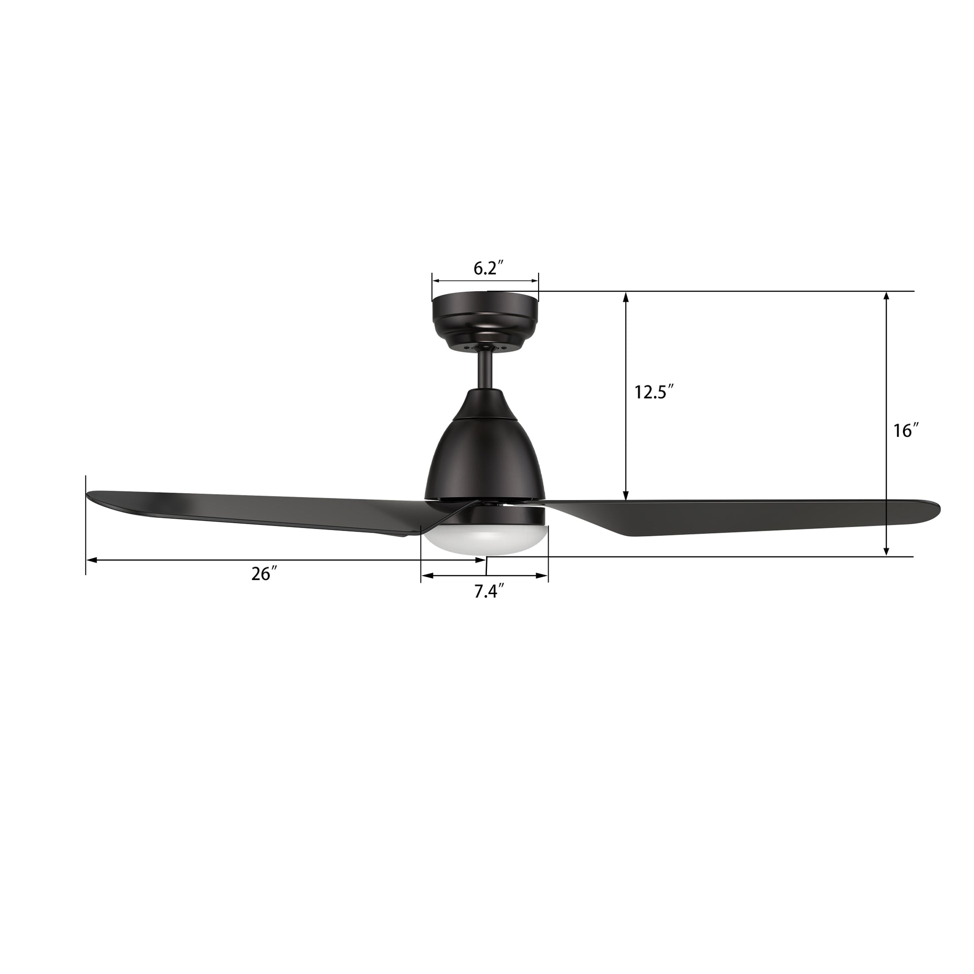 Carro TOULON 52 inch 3-Blade Smart Ceiling Fan with LED Light Kit & Remote- Black/Black
