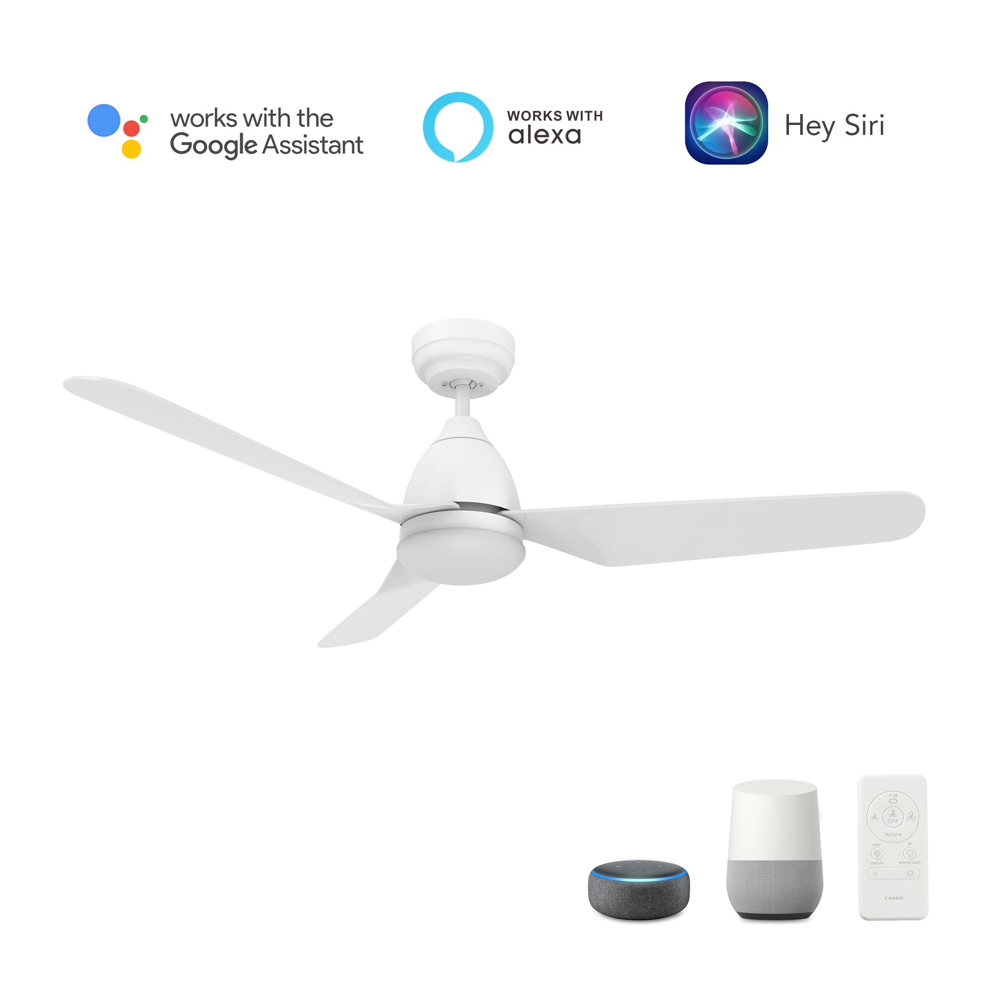 Carro TOULON 52 inch 3-Blade Smart Ceiling Fan with LED Light Kit & Remote- White/White
