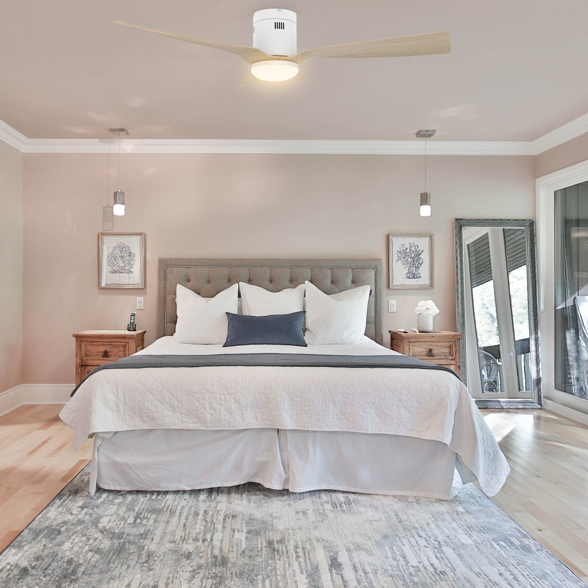 Carro Home SPEZIA 52" 3-Blade Flush Mount Smart Ceiling Fan with LED Light Kit & Remote - White/Light Wood fan Blades