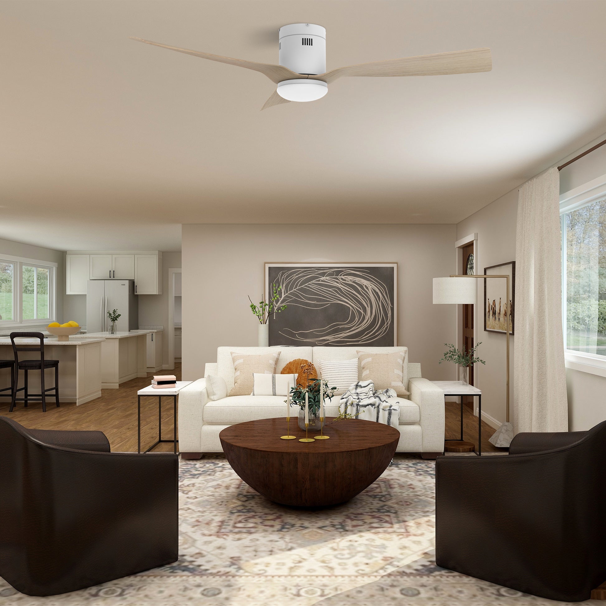 Carro Home SPEZIA 52" 3-Blade Flush Mount Smart Ceiling Fan with LED Light Kit & Remote - White/Light Wood fan Blades