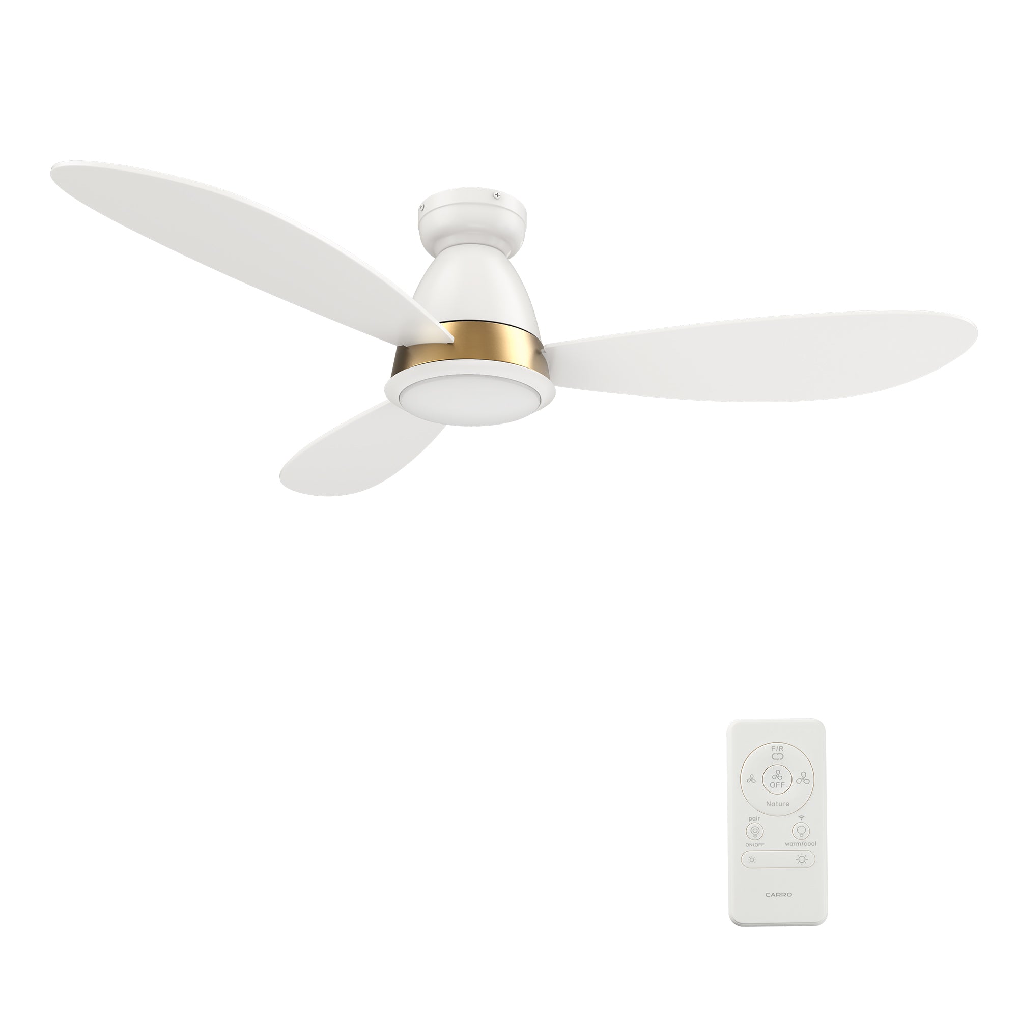 Carro YORK 3-Blade Flush Mount Smart Ceiling Fan with LED Light Kit & Remote Control- White/White (Gold Details)