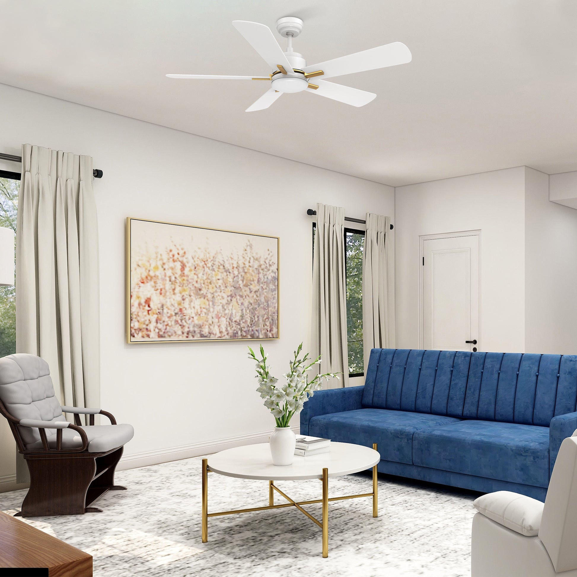 Carro OLINDA 52 inch 5-Blade Smart Ceiling Fan with LED Light Kit & Remote- White/White (Gold Detail)