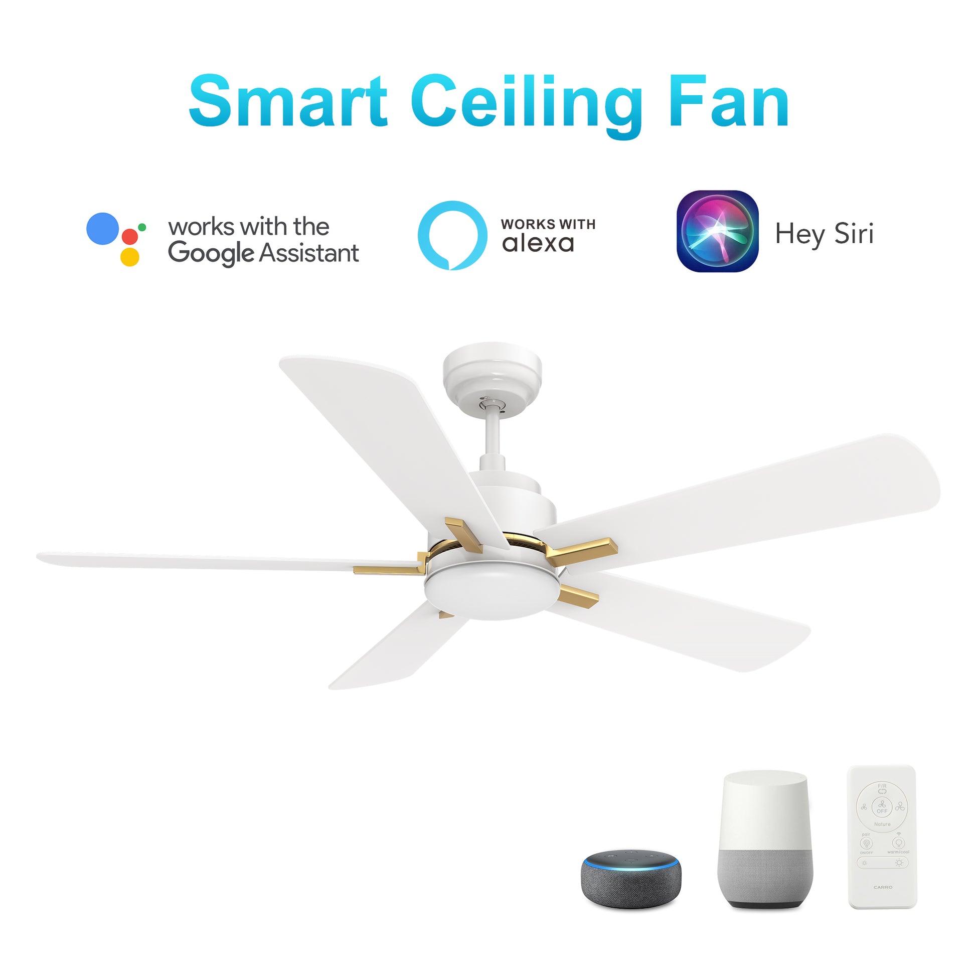 Carro OLINDA 52 inch 5-Blade Smart Ceiling Fan with LED Light Kit & Remote- White/White (Gold Detail)