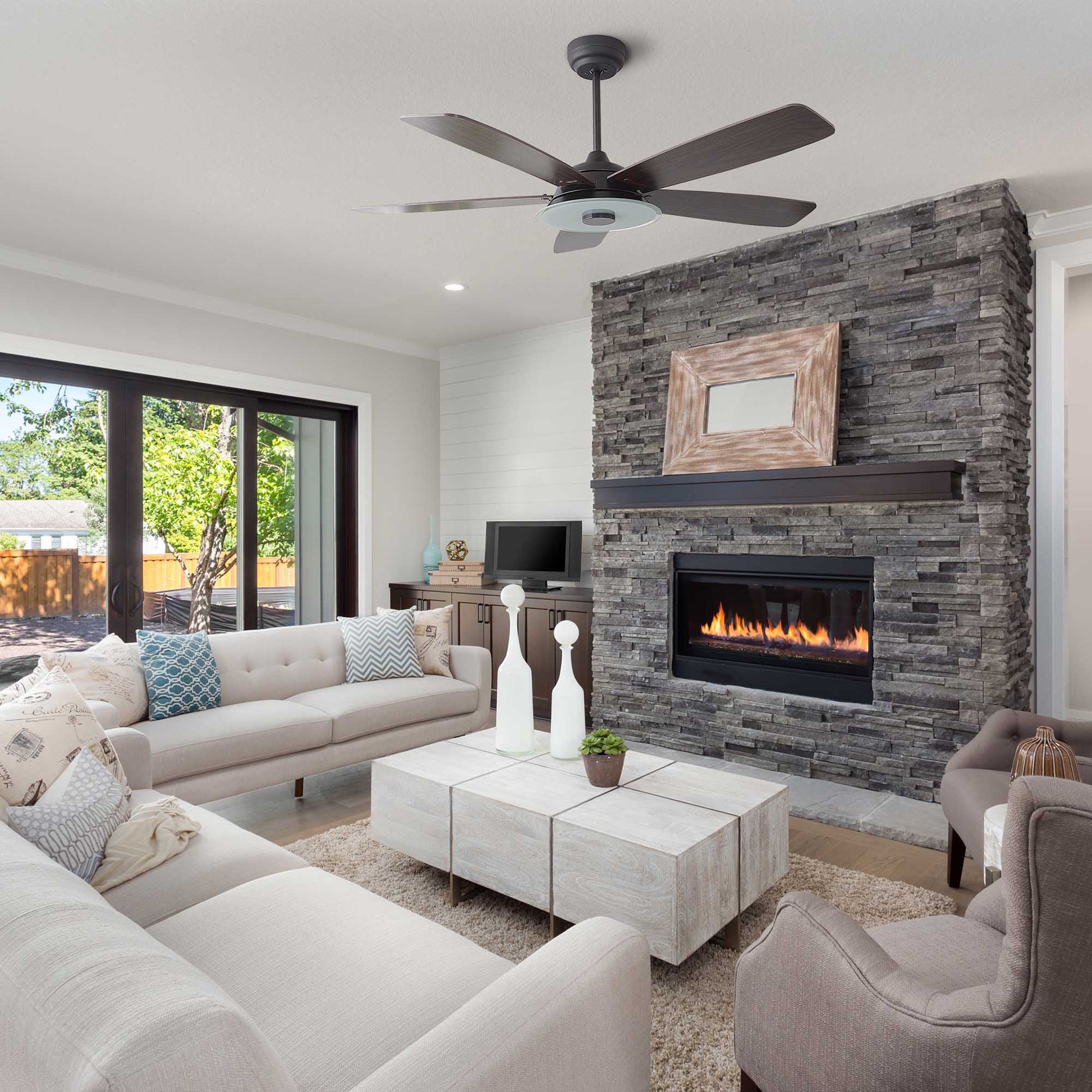 Carro USA JOURNEY 56 inch 5-Blade Smart Ceiling Fan with LED Light Kit & Remote - Black/Dark Wood Grain fan blades