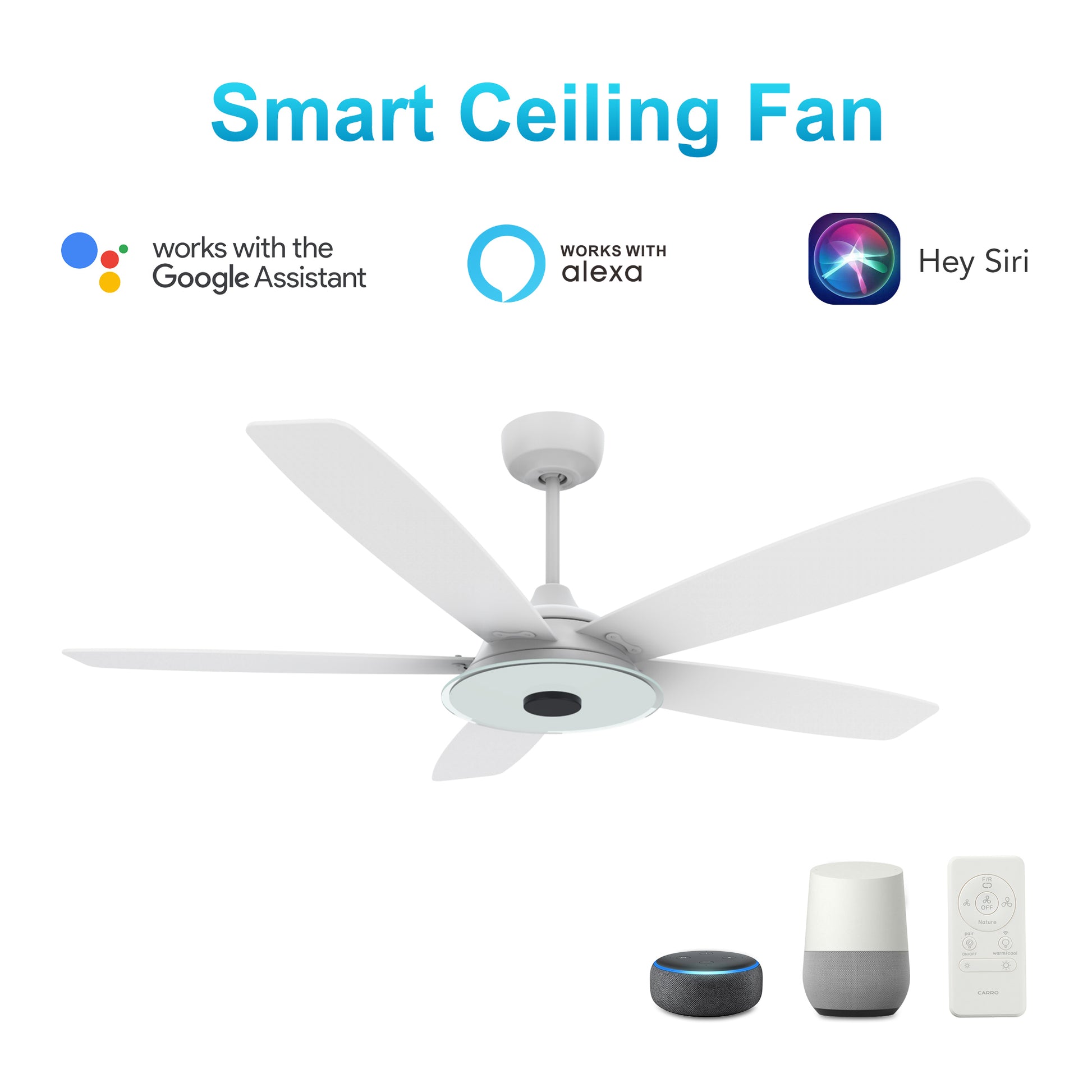 Carro Home JOURNEY 56 inch 5-Blade Smart Ceiling Fan with LED Light Kit & Remote - White/White Fan Blades
