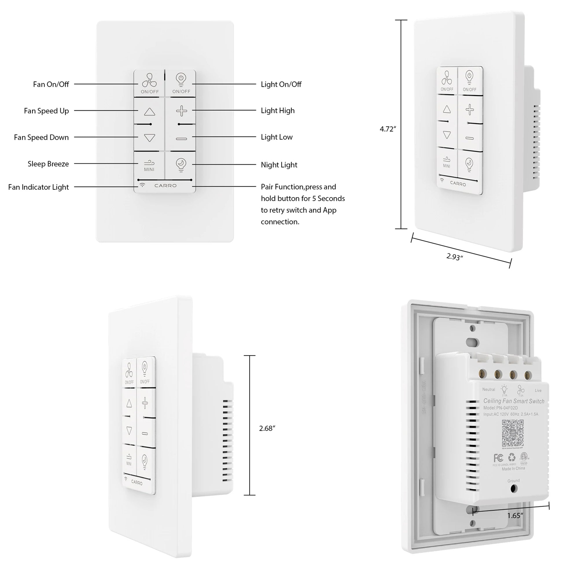 Carro MALTA Dimmable Light Smart Wall Switch For Ceiling Fans(1-Gang), Works with Amazon Alexa, Google Assistant, and Siri Shortcuts