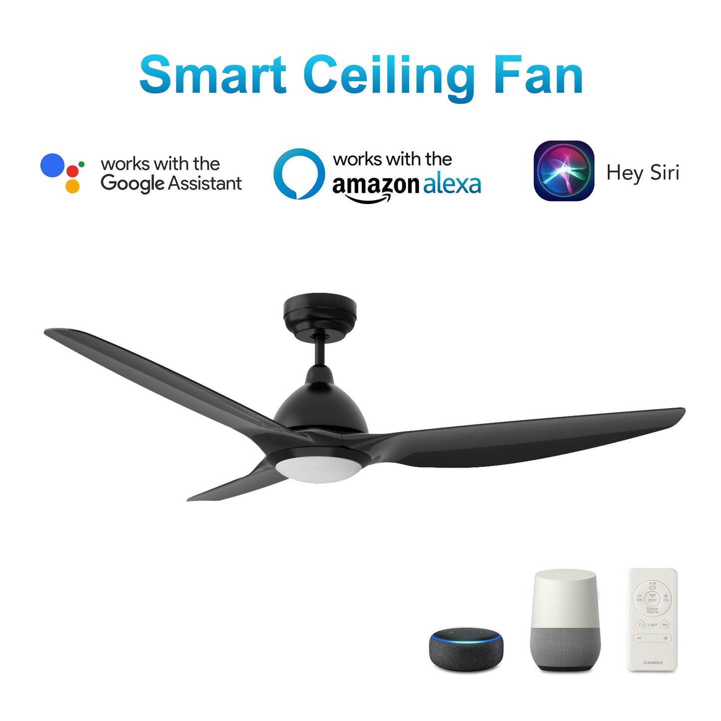 Carro CRANSTON 52 inch 3-Blade Smart Ceiling Fan with LED Light Kit & Remote - Black/Black