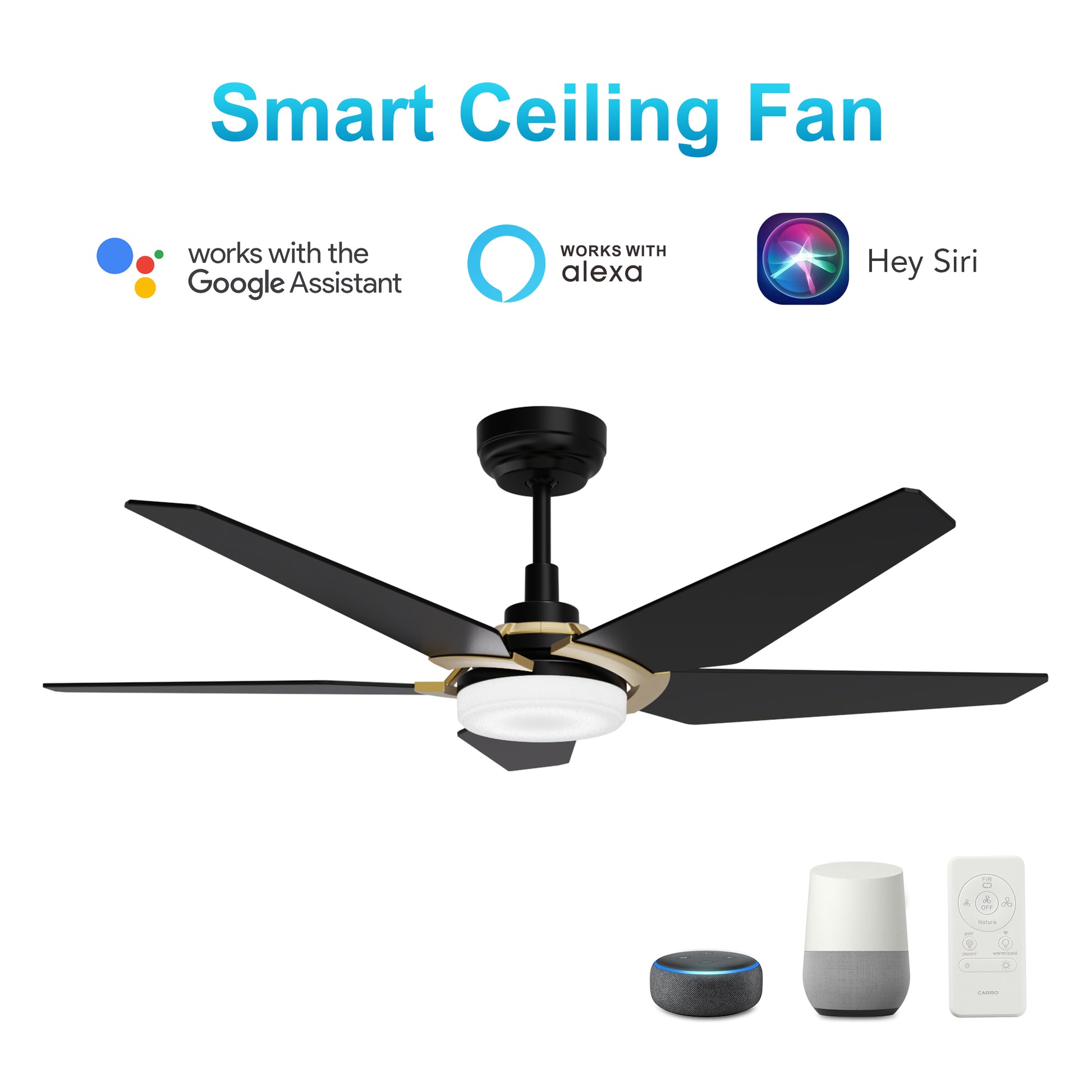 Carro WOODROW 52 inch 5-Blade Smart Ceiling Fan with LED Light Kit & Remote - Black/Black (Gold Details)