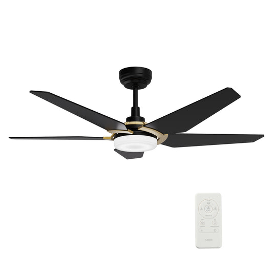 Carro WOODROW 52 inch 5-Blade Smart Ceiling Fan with LED Light Kit & Remote - Black/Black (Gold Details)