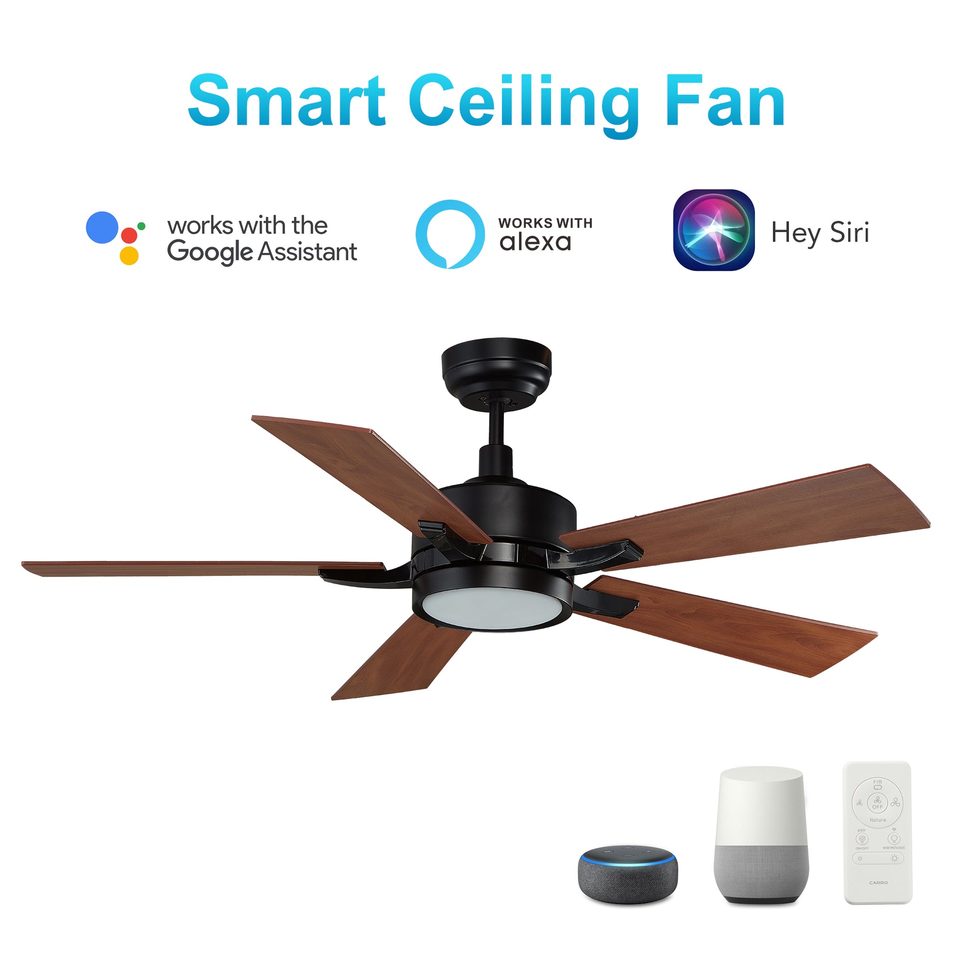 Carro APPLETON 52 inch 5-Blade Smart Ceiling Fan with LED Light Kit & Remote Control- Black/Dark Wood