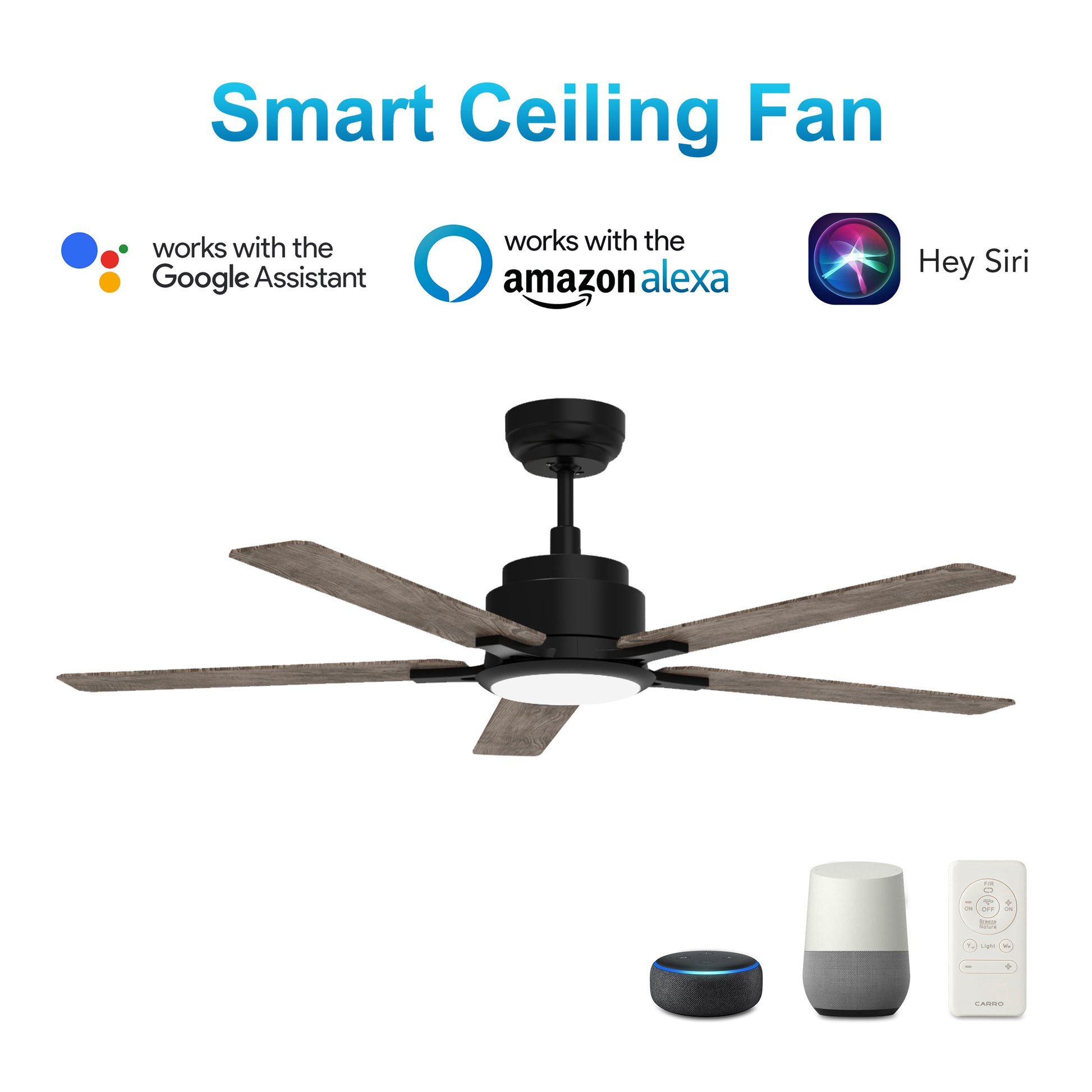 Carro ESPEAR 56 inch 5-Blade Smart Ceiling Fan with LED Light Kit & Remote - Black/Wood Grain Pattern (Reversible Blades)