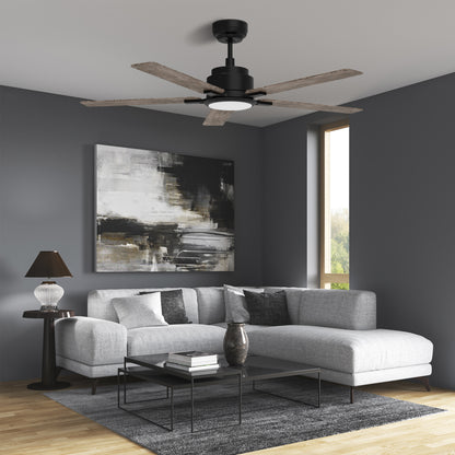 Carro ESPEAR 56 inch 5-Blade Smart Ceiling Fan with LED Light Kit & Remote - Black/Wood Grain Pattern (Reversible Blades)