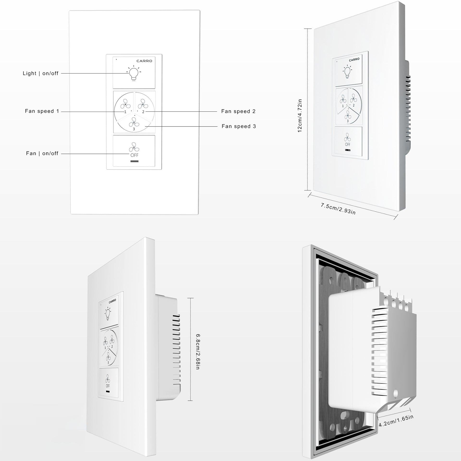 Carro Home Pilot Smart Wall Switch For Ceiling Fans(3-Gang), Works with Amazon Alexa, Google Assistant, and Siri Shortcuts