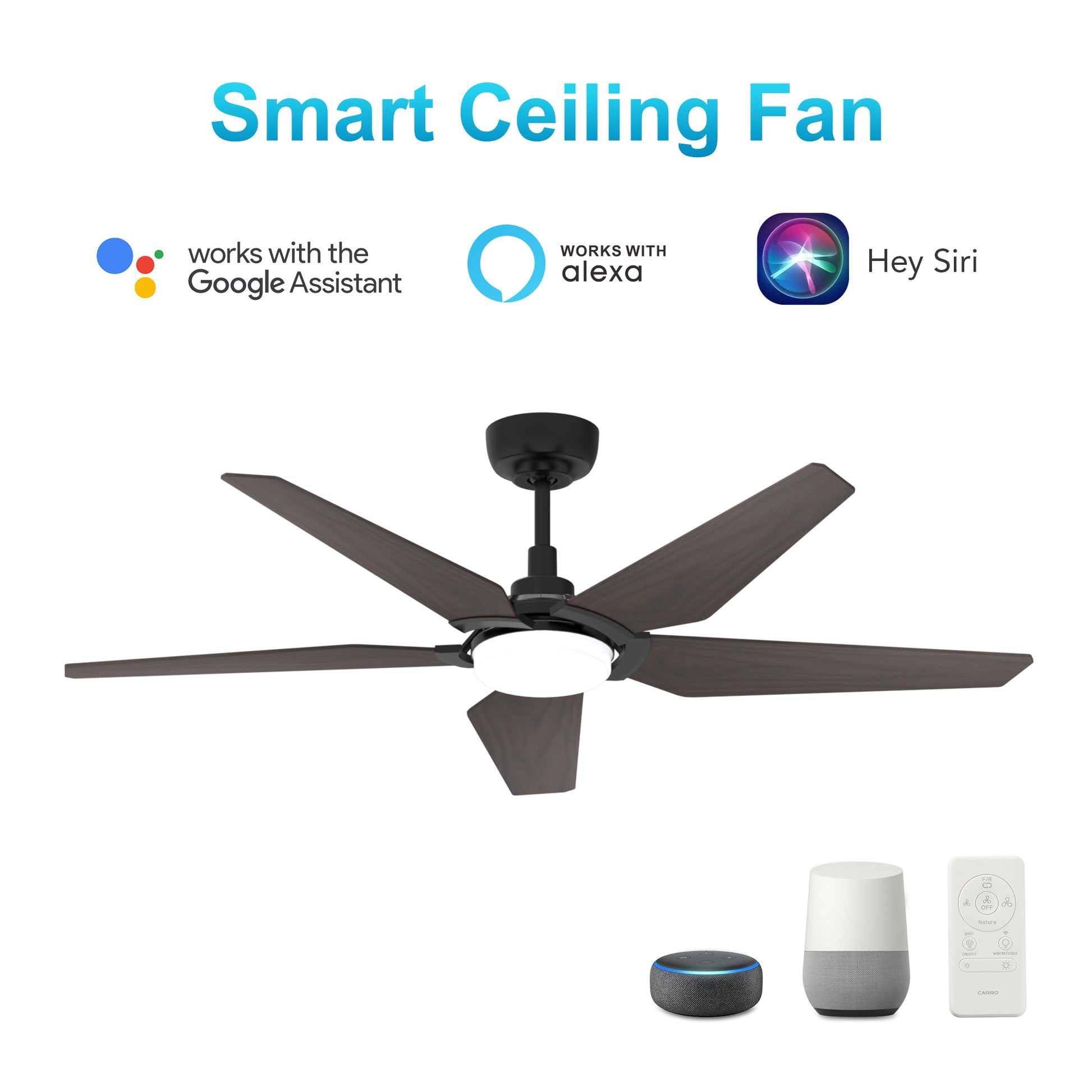 Carro WOODROW 52 inch 5-Blade Smart Ceiling Fan with LED Light Kit & Remote - Black/Dark Wood