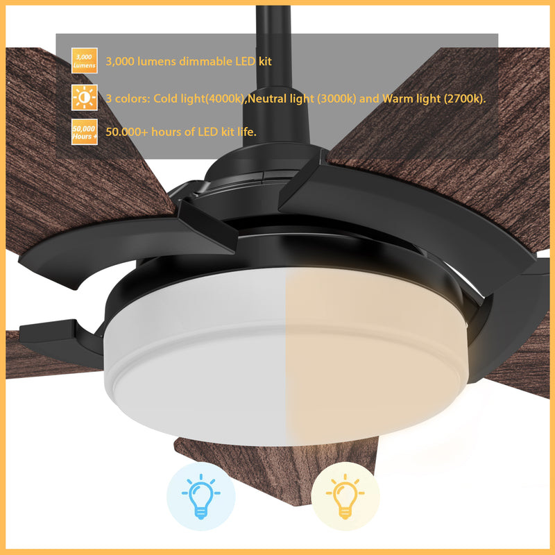 Carro WOODROW 52 inch 5-Blade Smart Ceiling Fan with LED Light Kit & Remote - Black/Dark Wood