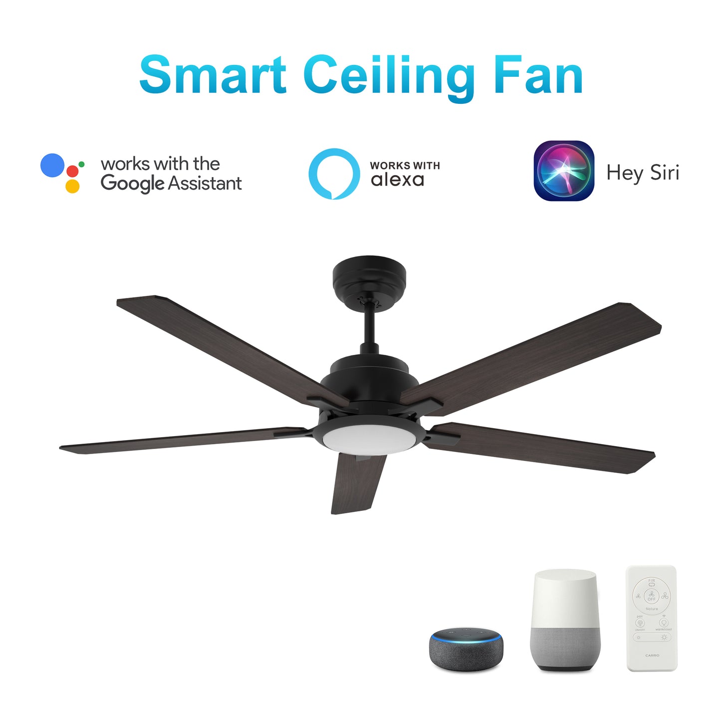 Carro USA ESPEAR 52 inch 5-Blade Smart Ceiling Fan with LED Light Kit & Remote - Black/Walnut Pattern fan blades