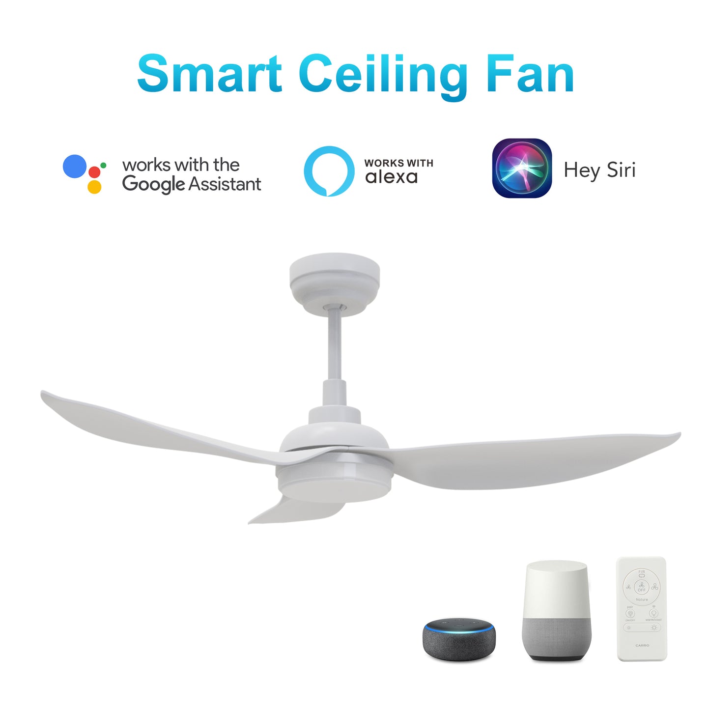 Carro DAFFODIL 45 inch 3-Blade Smart Ceiling Fan with LED Light Kit and Remote - White/White
