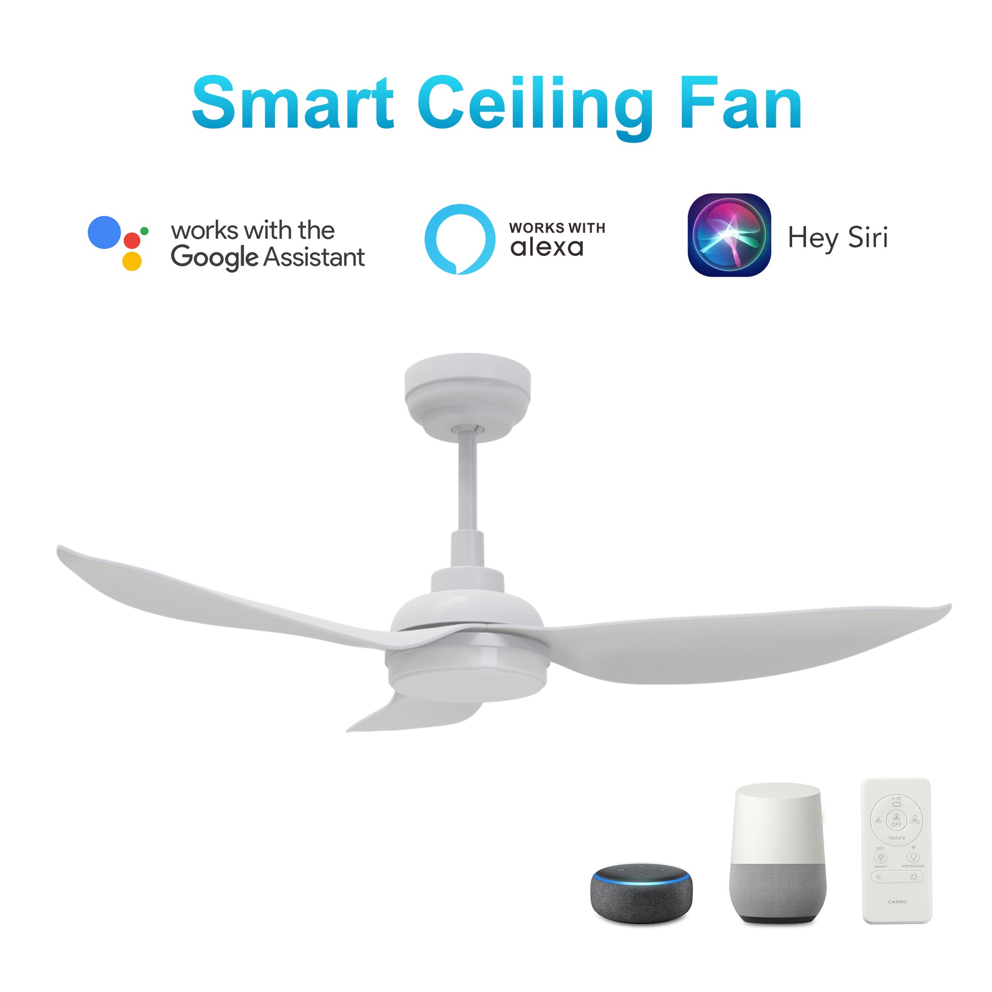 Carro DAFFODIL 45 inch 3-Blade Smart Ceiling Fan with LED Light Kit and Remote - White/White