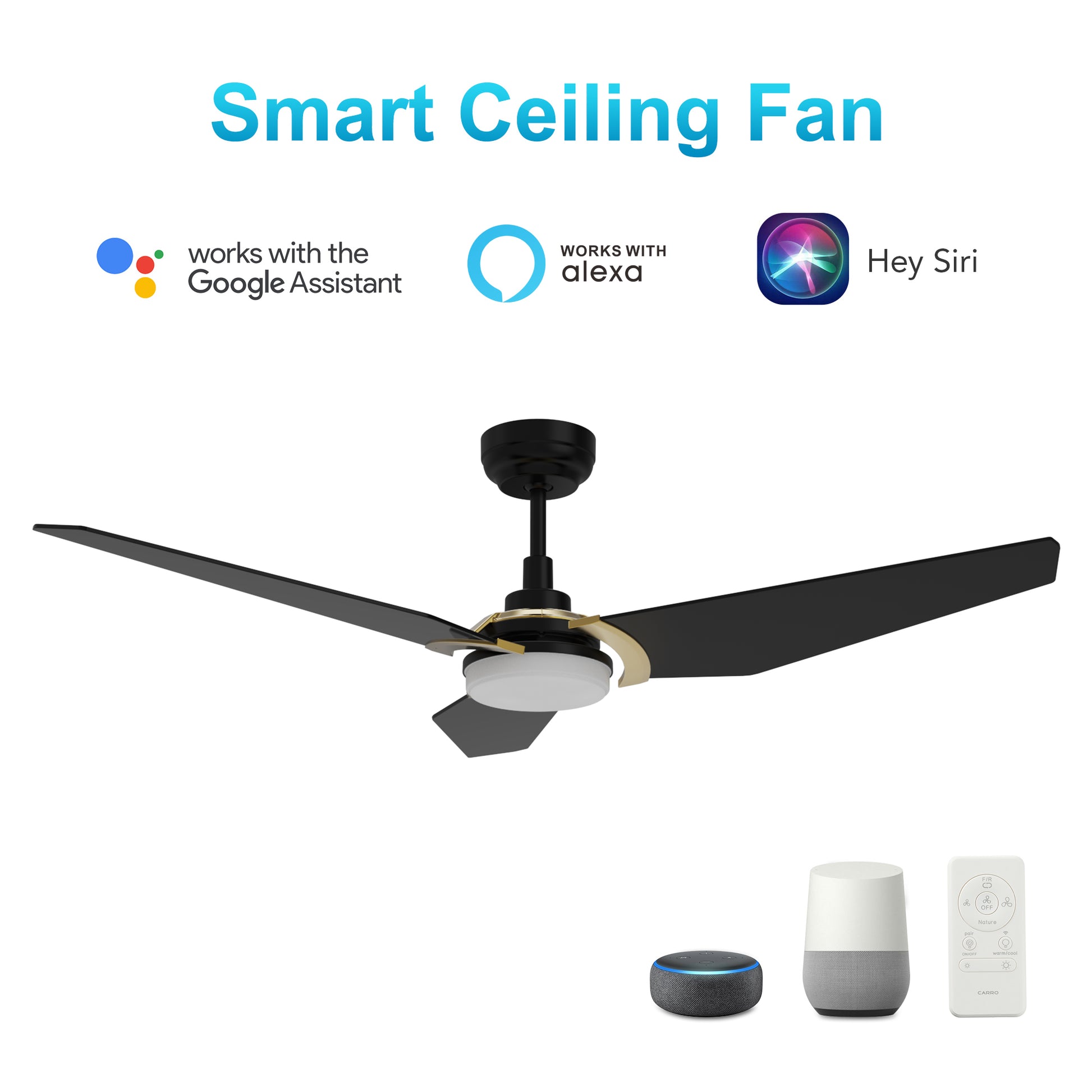 Carro USA KAJ 52 inch 3-Blade Smart Ceiling Fan with LED Light Kit & Remote-Black/Black (Gold Details) fan blades