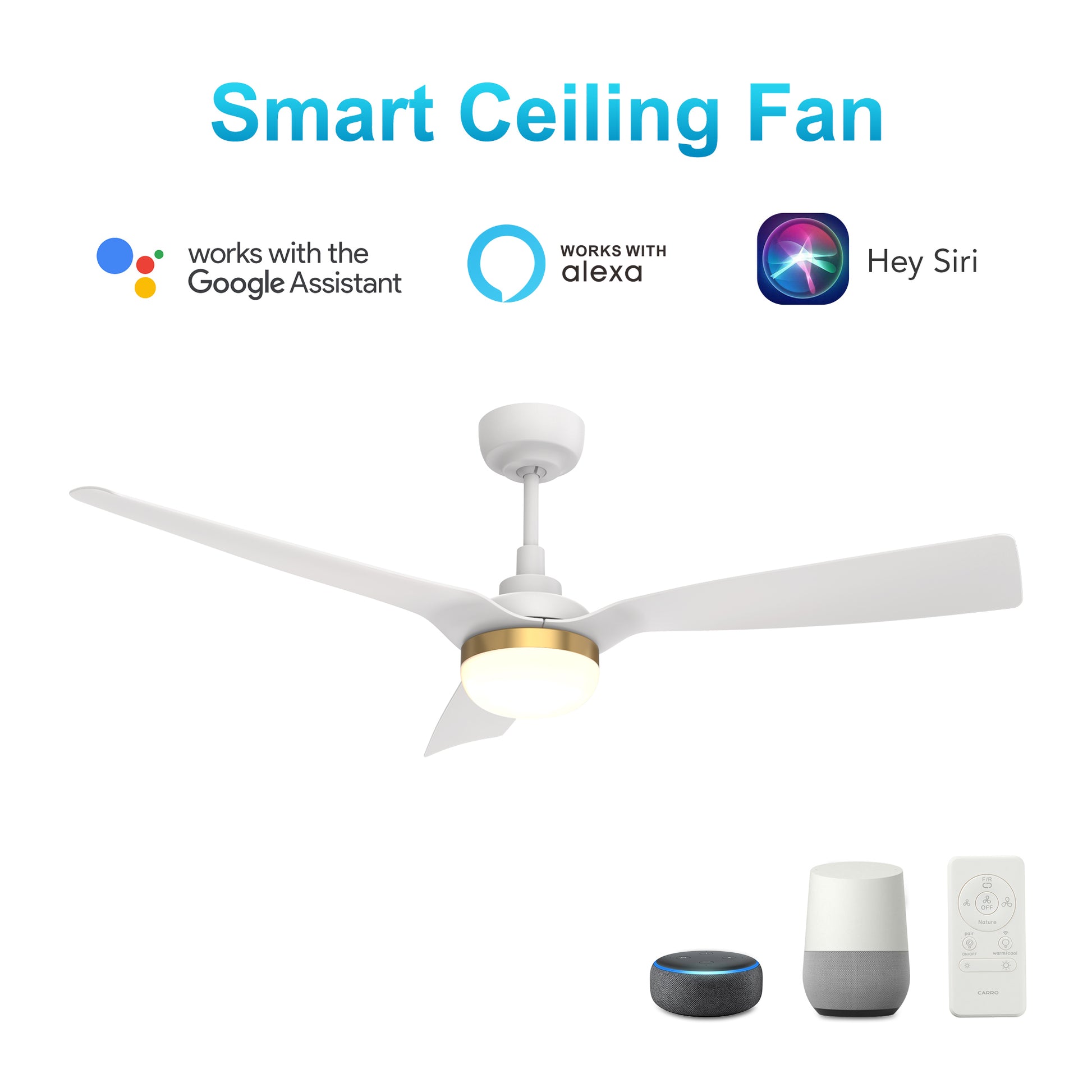 Carro Home SPEZIA 52" 3-Blade Smart Ceiling Fan with LED Light Kit & Remote - White/White (Gold Detail)