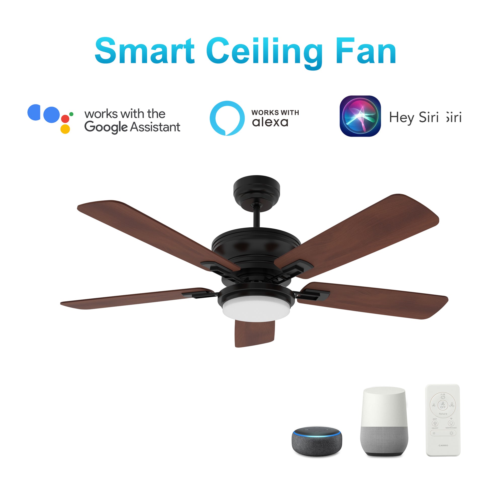 Carro Home GLADIOLUS 52 inch 5-Blade Indoor/Outdoor Smart Ceiling Fan with LED Light Kit & Remote - Black/Wooden Pattern fan blades