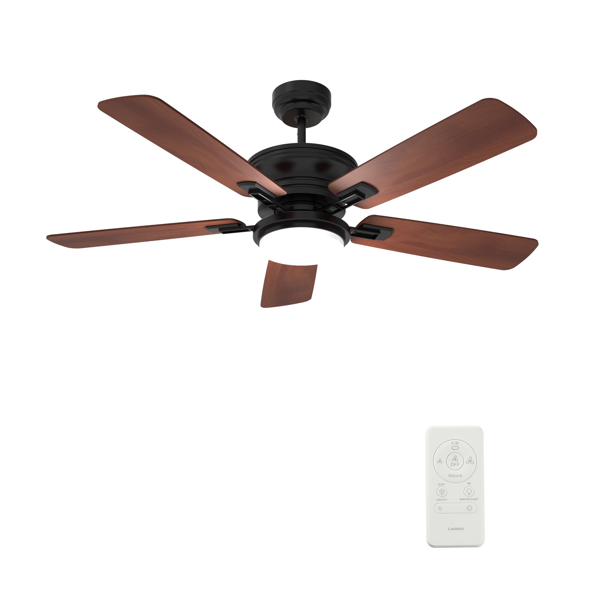 Carro Home GLADIOLUS 52 inch 5-Blade Indoor/Outdoor Smart Ceiling Fan with LED Light Kit & Remote - Black/Wooden Pattern fan blades