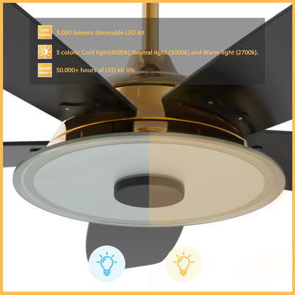 Carro JOURNEY 52 inch 5-Blade Smart Ceiling Fan with LED Light Kit & Remote - Gold/Black fan blades